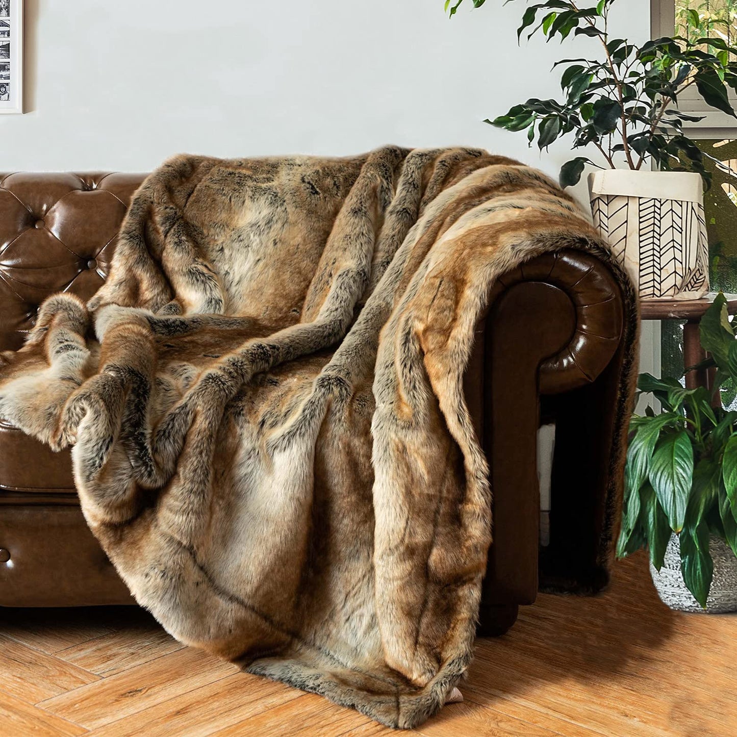BATTILO HOME Luxury Brown Faux Fur Blanket Thick Warm Elegant Cozy Fuzzy Throw for Couch, Bed, Sofa Fluffy Blankets Decorative Reversible to Plush Velvet, 50"x60"