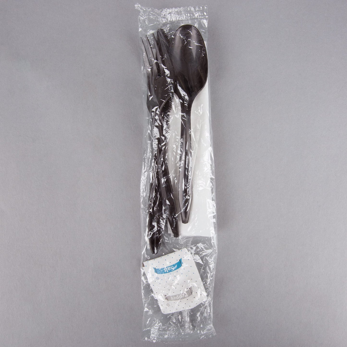 KitchenDine 100 Pack Medium Weight Wrapped Black Plastic Cutlery Pack with Napkin and Salt/Pepper Packets (Black)
