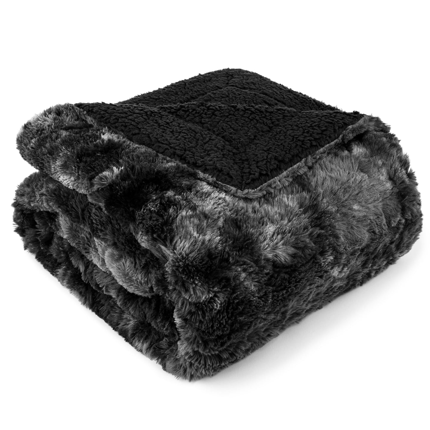 PAVILIA Faux Fur Throw Blanket Twin Tie-Dye Black, Soft Warm Sherpa Blankets & Throws for Bed, Fluffy Plush Thick Fleece Throw Blanket for Couch Sofa, Reversible Furry Shaggy Blanket, Black 60x80