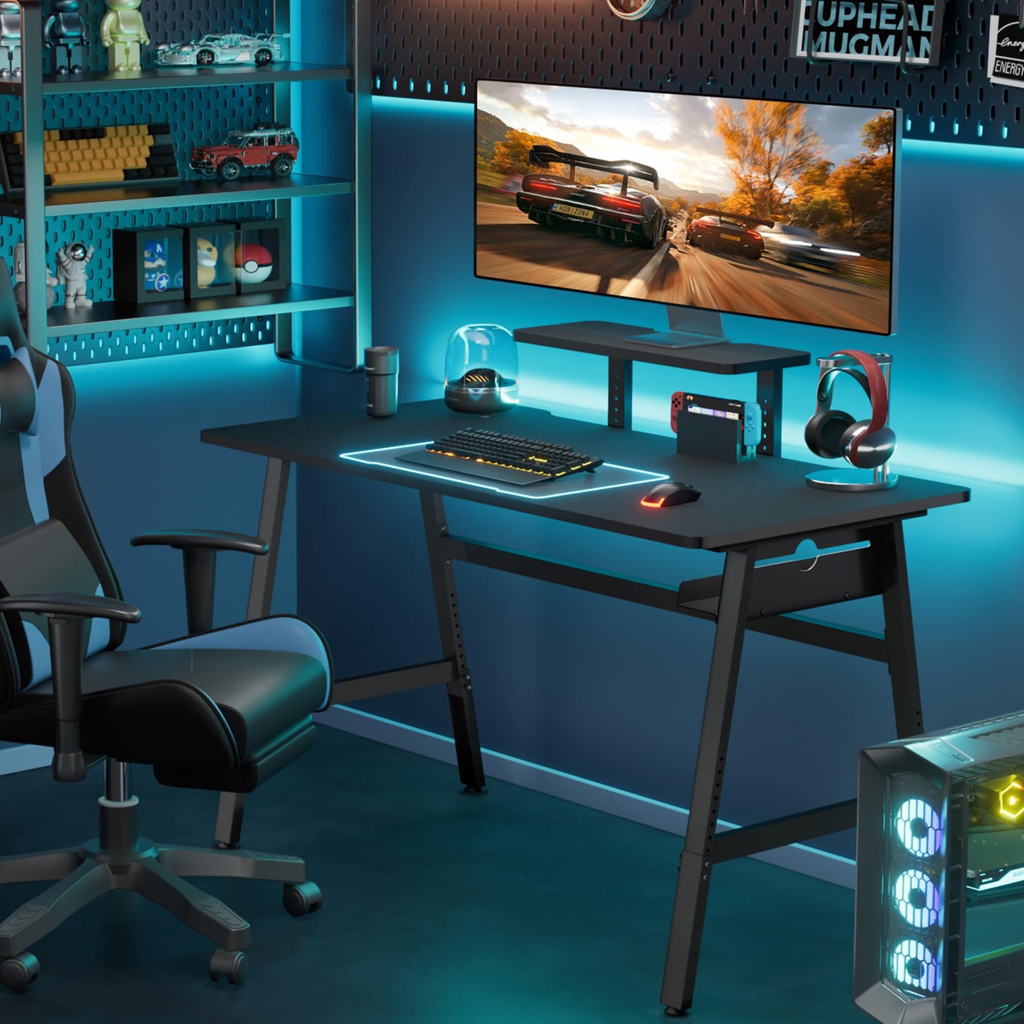 UPGRAVITY Height Adjustable Computer Desk - 47" Gaming Desk, Small Home Office Desk with Monitor Stand, Modern Simple Table Study Writing Work, Living Room Home Bedroom PC Table, Metal Frame, Black