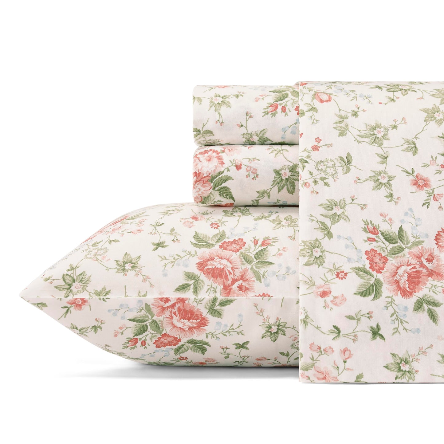 Laura Ashley - Queen Bed Sheets, Smooth & Silky Sateen Cotton Bedding with Matching Pillowcases, Deep Pocket, Oeko-Tex Certified (Lilian Coral)