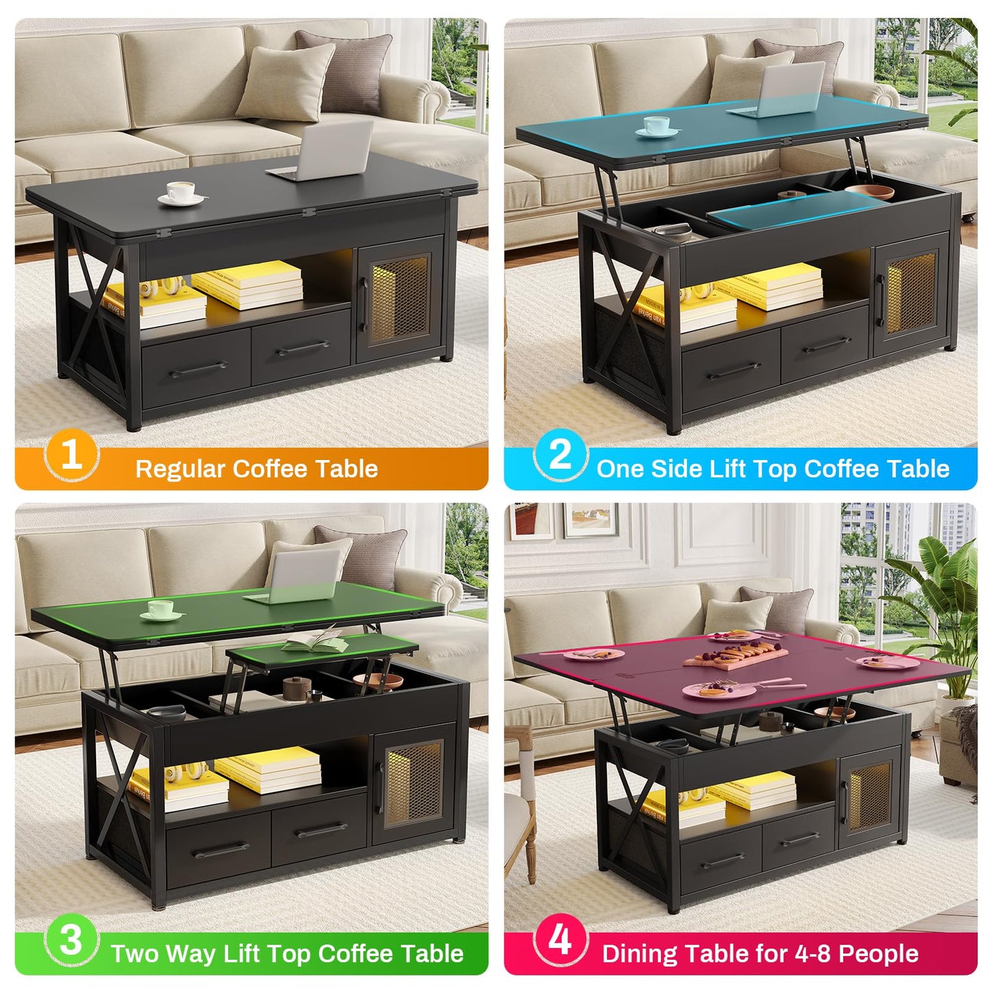 Itaar 40" Lift Top Coffee Table, 4 in 1 Coffee Tables with Storage Cabinet for Living Room, Small Farmhouse Coffee Table with 2 Fabric Drawers & LED Light for Dining Room, Black