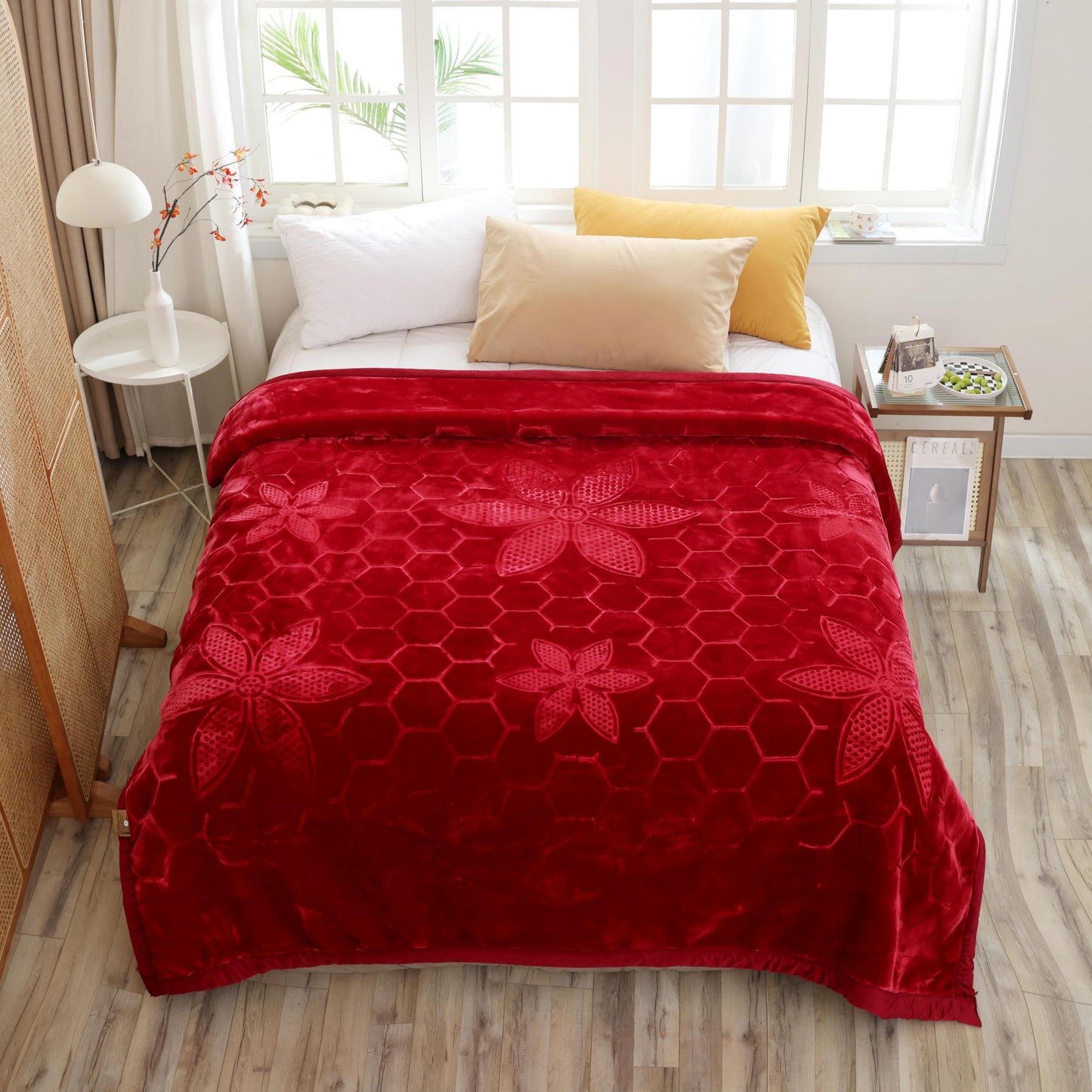 Hiyoko 11.5lbs Heavy 2Ply Embossed Blanket Reversible - Thick Warm Korean Mink No-Lints, Valentine’s San Marcos Fleece Blanket, Mexican Blankets for Adults 85" x 95" Burgundy/Lavender