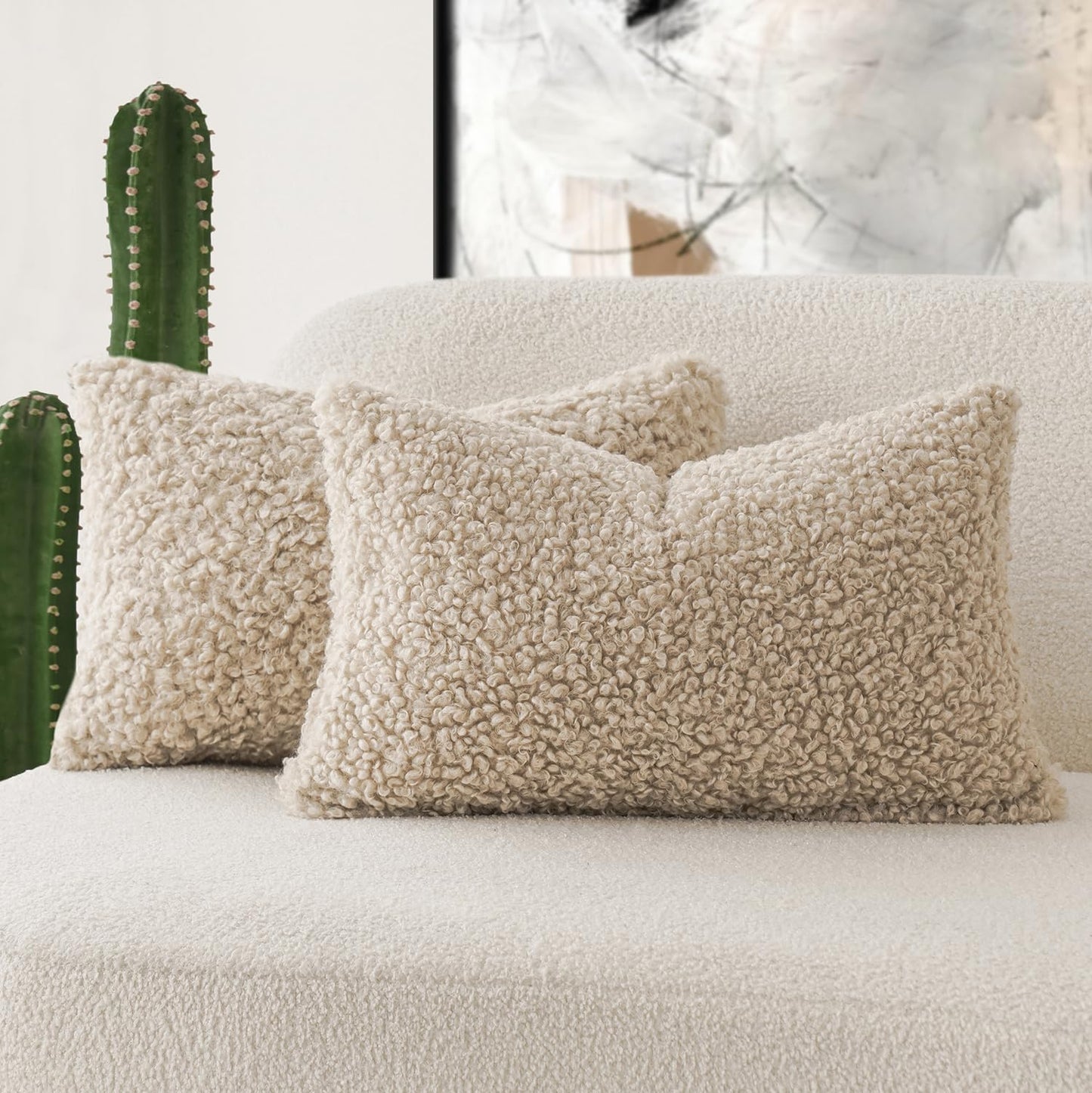 Foindtower Set of 2 Curly Teddy Wool Pillow Covers Decorative Boucle Textured Lumbar Throw Pillow Faux Fur Pillowcases Sheepskin Cushion Case for Sofa Bedroom Car 12"x20" Light Khaki