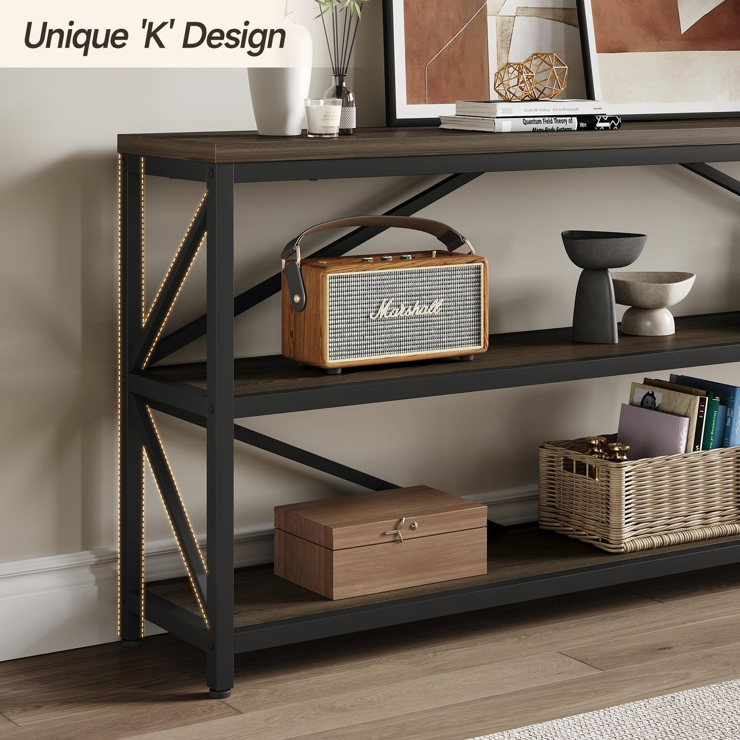 ONBRILL Industrial Console Sofa Table,70.8 Inch Extra Long Entryway Table with 3 Tier Wood Storage Shelf for Living Room, Hallway, Entrance, Narrow Sofa Table with Metal Frame, Black and Brown