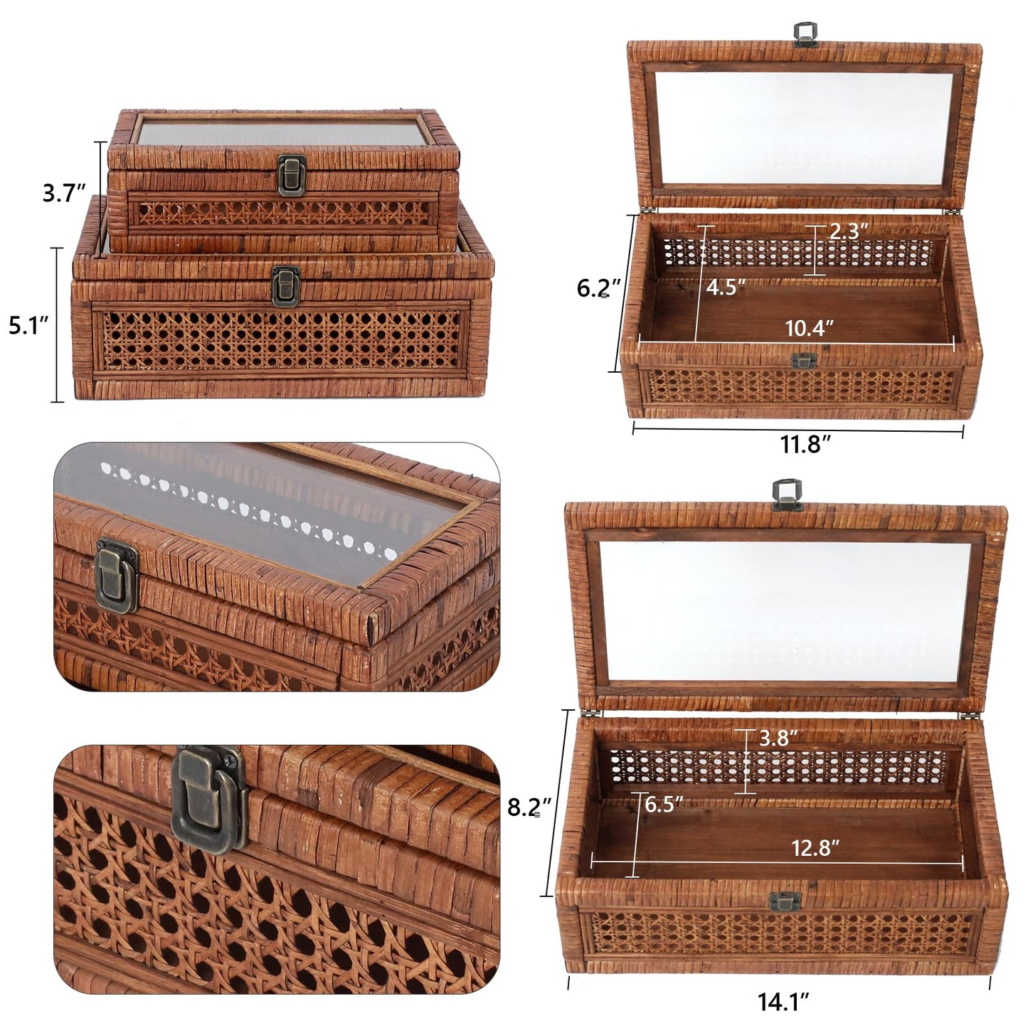DECOR4SEASON Rattan and Cane Stacking Boxes with Glass Top Lid - Set of 2 11.8" and 14.1", for Boho and Rustic Farmhouse Decor, Brown