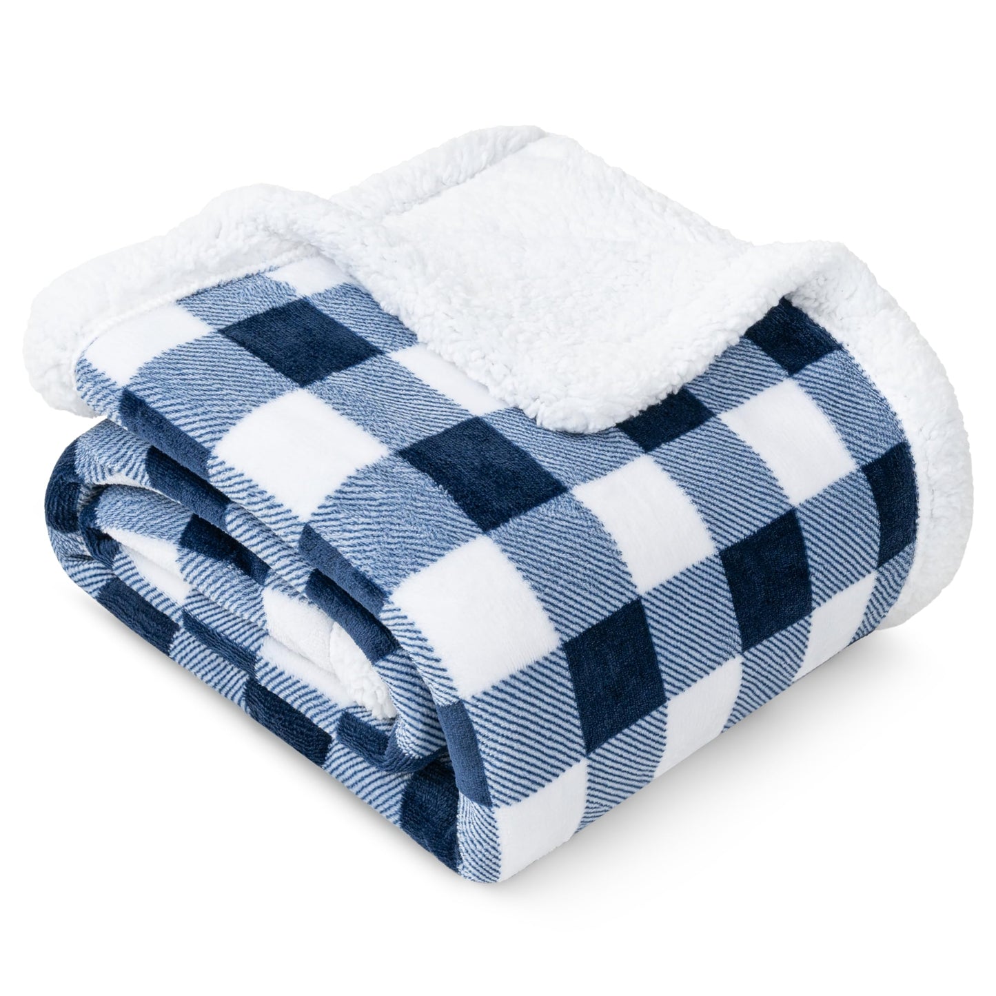 PAVILIA White and Navy Blue Buffalo Plaid Sherpa Throw Blanket for Couch Twin, Soft Fuzzy Flannel Blanket for Bed, Plush Checkered Fleece Blanket and Throws, Warm Thick Winter Blanket Gift, 60x80