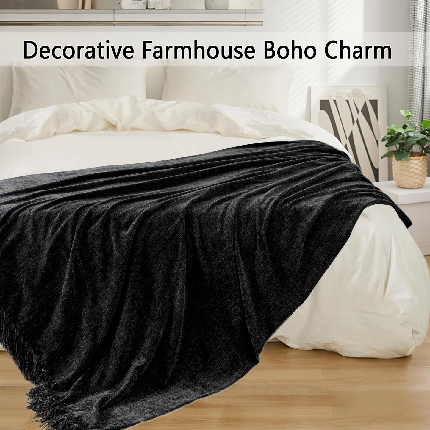 LONG CREATE Chenille Throw Blanket for Couch 50"X 60", Soft Cozy Throws with Fringe Tassel for Bed Sofa Chair Cover, Lightweight Knitted Decorative Boho Blankets for Living Room, Black