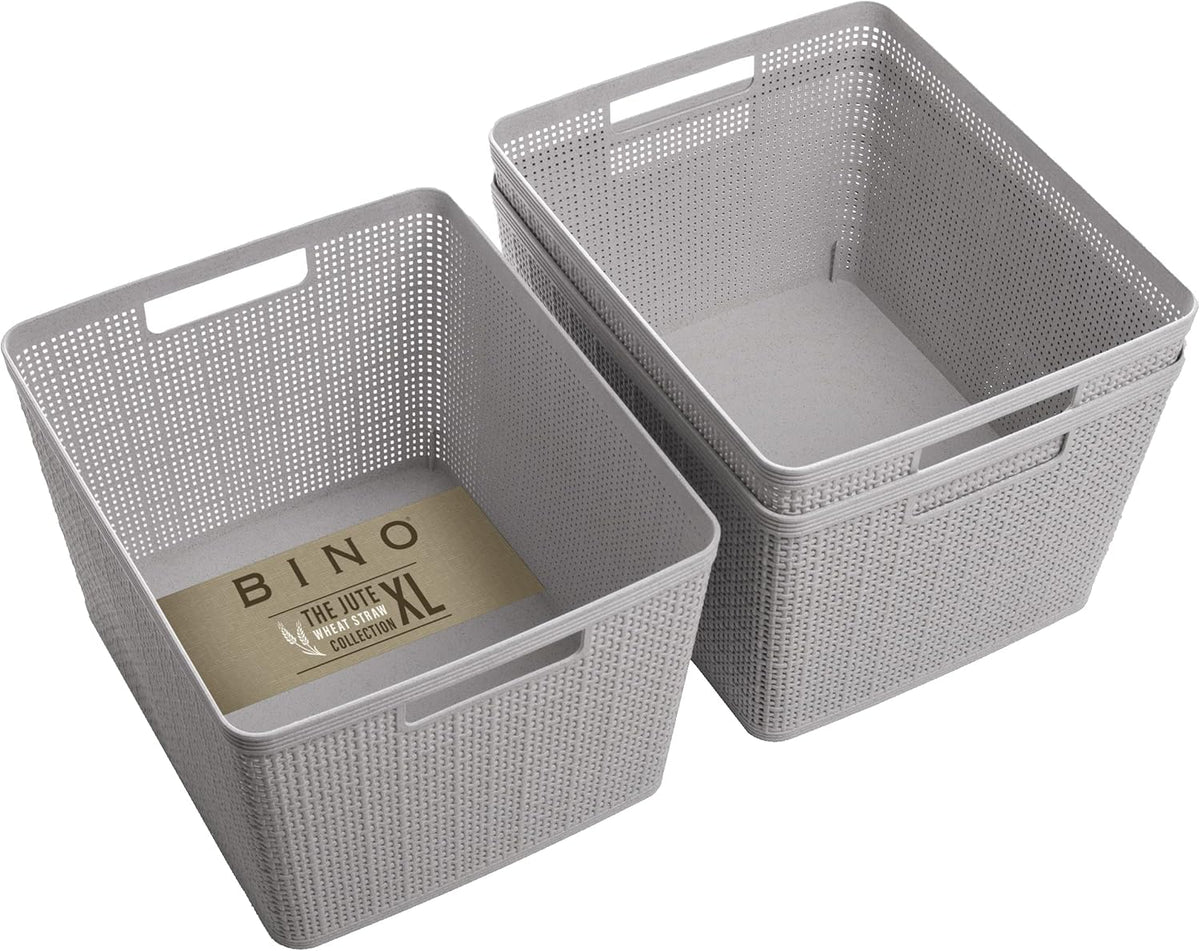 BINO | Woven Plastic Basket | Large (Natural Grey), 3-Pack | THE JUTE COLLECTION | Home Organization, Space - Saving Storage, Stylish Design | Jute Basket | Plastic Storage Basket