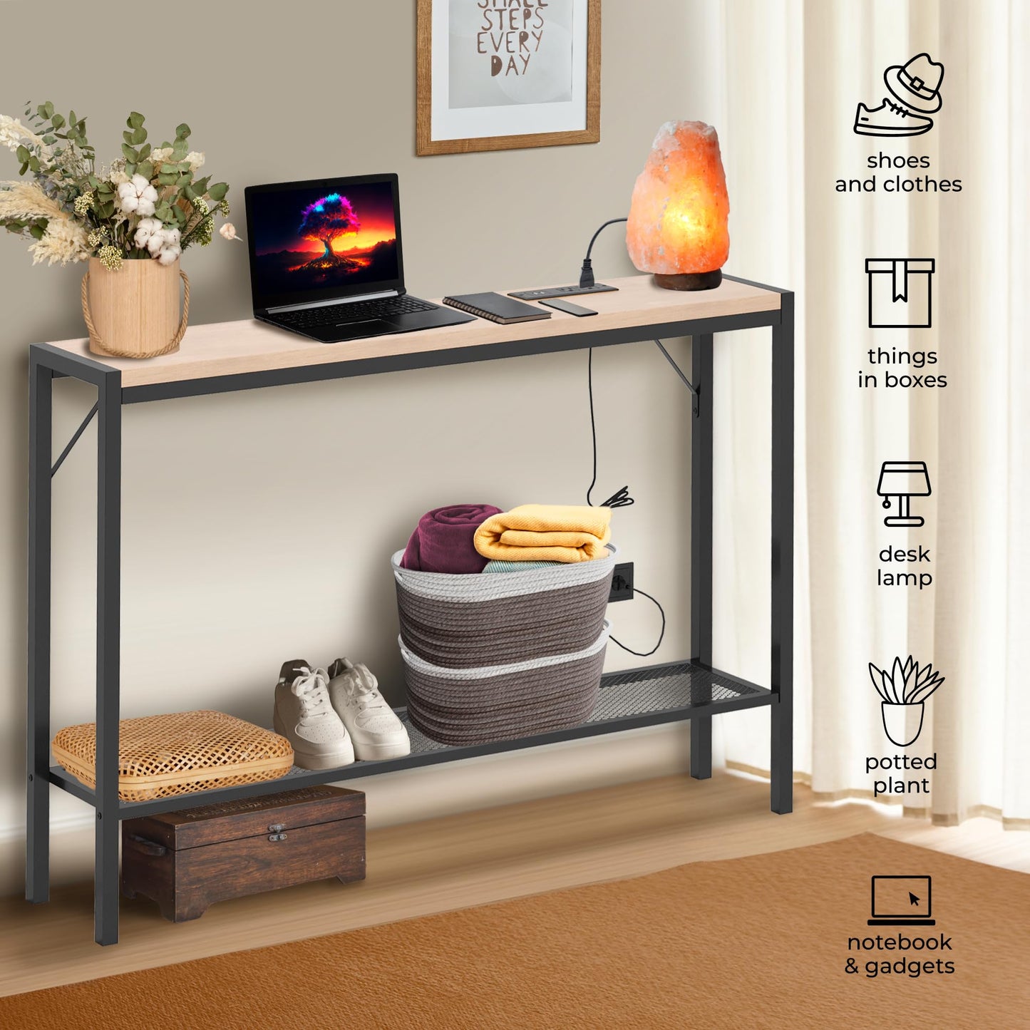 Entryway Table with Power Outlet, 43" Farmhouse Industrial Narrow Console Table with storage shelf, 2 USB and 2 Sockets Sofa Table for Entrance, Living Room and Hallway with long Power Cord, Beechwood