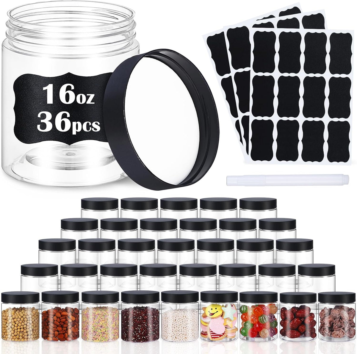 36 PCS 16 OZ Plastic Jars with Screw On Lids,Labels Refillable Empty Round Slime Containers for Storing Dry Food, Honey Jam, Cream, Butter, Lotion, black