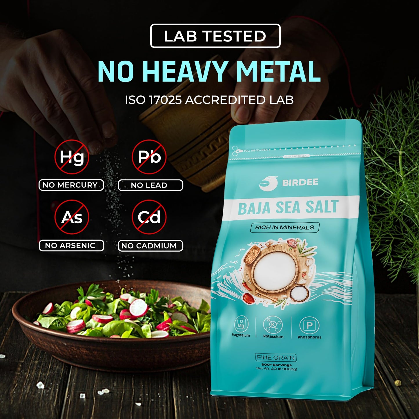 Birdee Baja Mineral Sea Salt – 35.2 oz, Abundant with Essential Minerals, Salt Fine Grind, Unrefined, Low Sodium, Solar-Dried, Hand-Harvested, Perfect for Refills and Bulk