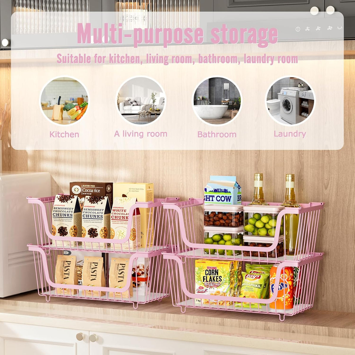 4 Pcs Stackable Wire Baskets for Pantry Organizers and Storage,Vegetable Fruit Basket for Countertop,Kitchen Storage Metal Baskets,Produce Potato Onion Storage Bin,pink