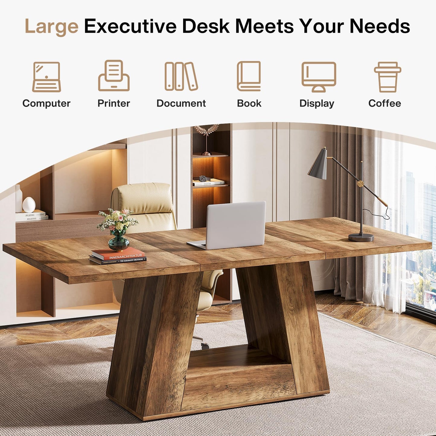 Tribesigns Farmhouse Computer Desk, 63-Inch Large Office Desk Workstation, Simple Style Executive Desk Study Table with Sturdy Base, Wooden Writing Desk for Home Office, Rustic Brown