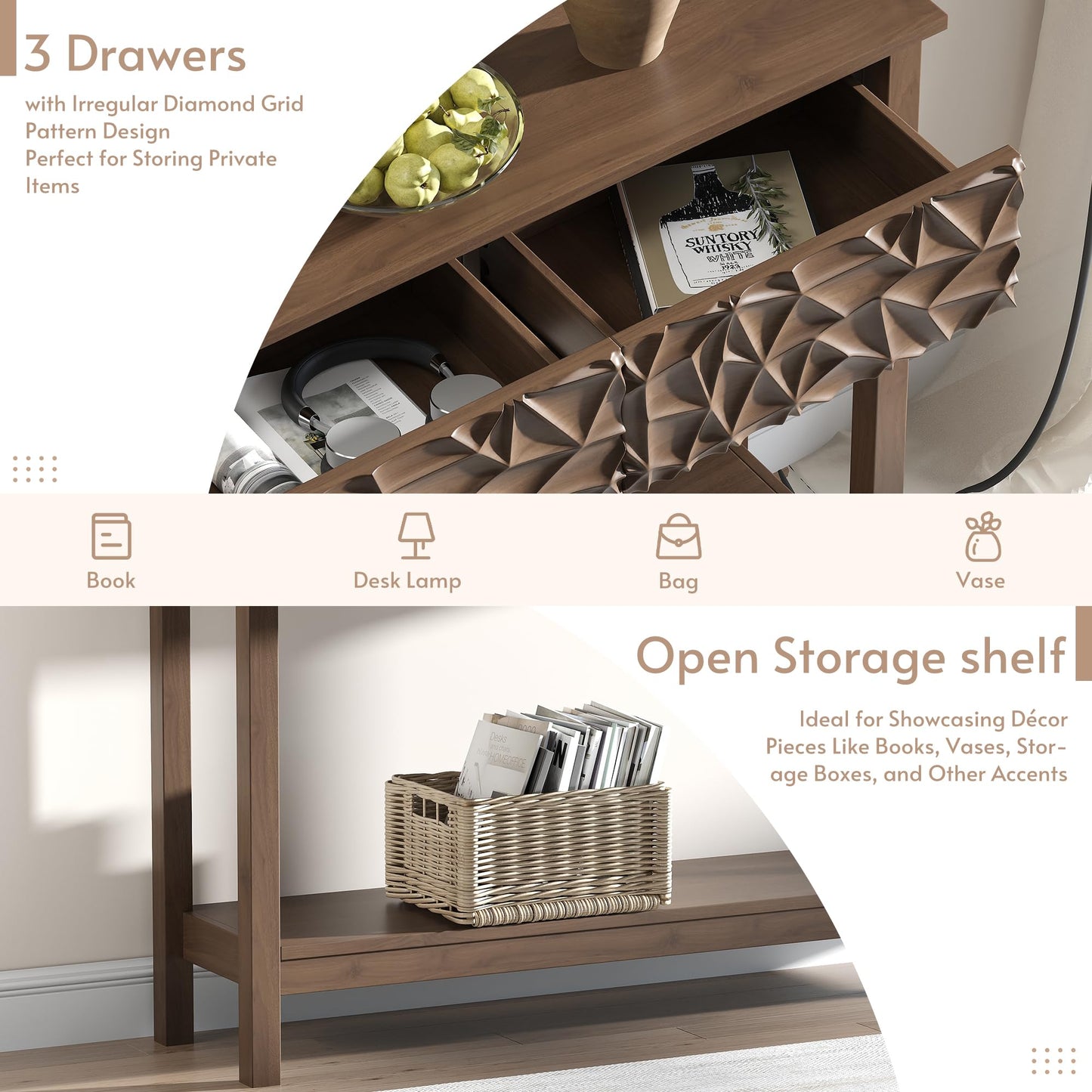 EVEVMINM 51 Inch Modern Console Table Farmhouse Entryway Table with 3 Drawers Narrow Wood Entry Way Table with Open Storage Shelf Long Sofa Table Behind Couch for Hallway, Foyer, Living Room, Walnut