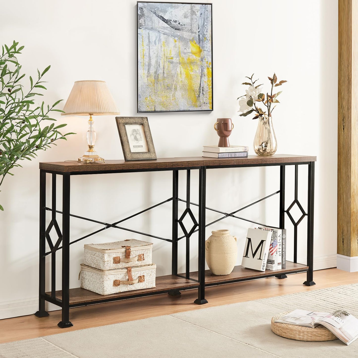 HOMISSUE Long Entryway Console Table, 70.9" Industrial Narrow Sofa Tables Behind Couch with 2 Tier Storage Shelf for Hallway, Living Room, Rustic Brown