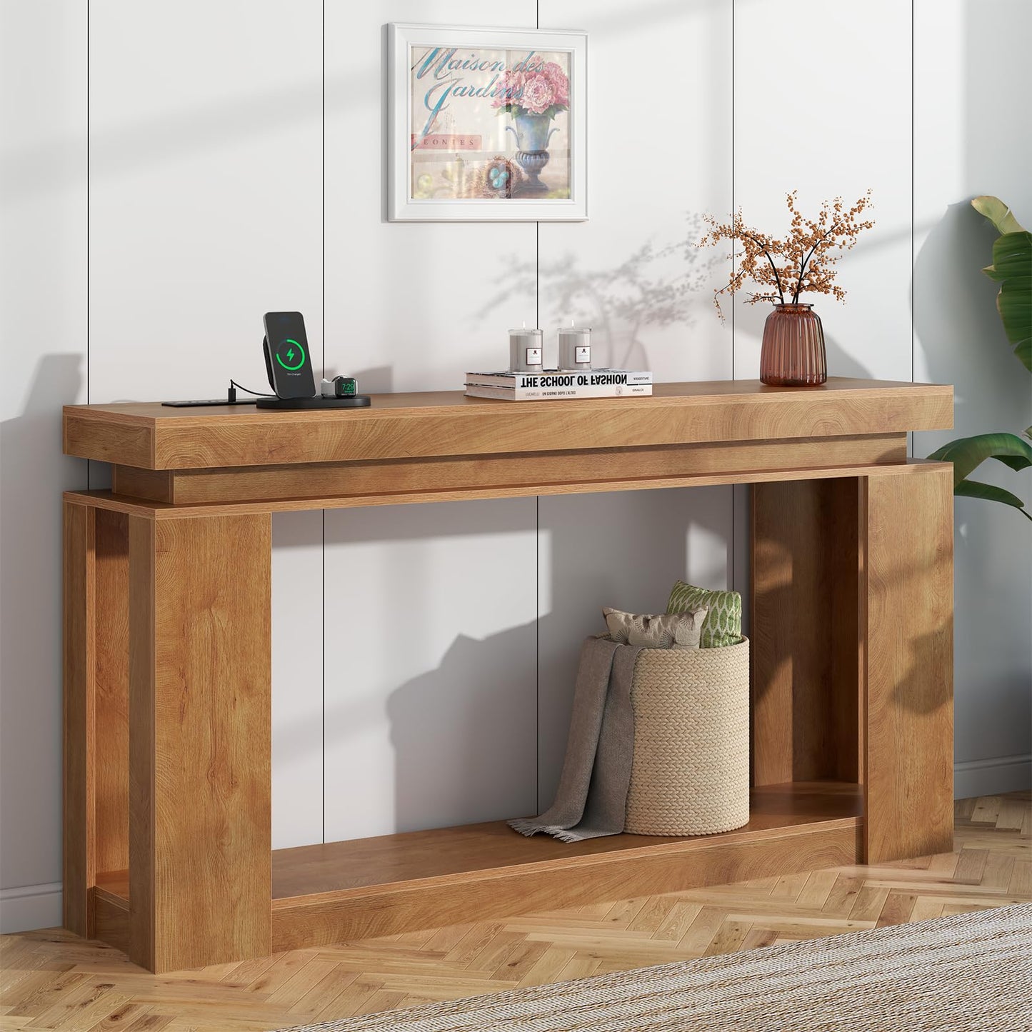 Loomie 63" Long Console Table with LED Lights & Power Outlet, 2-Tier Farmhouse Sofa Table Behind Couch with Storage, Narrow Entryway Tables with Heavy Duty Base for Living Room, Hallway (Natural)
