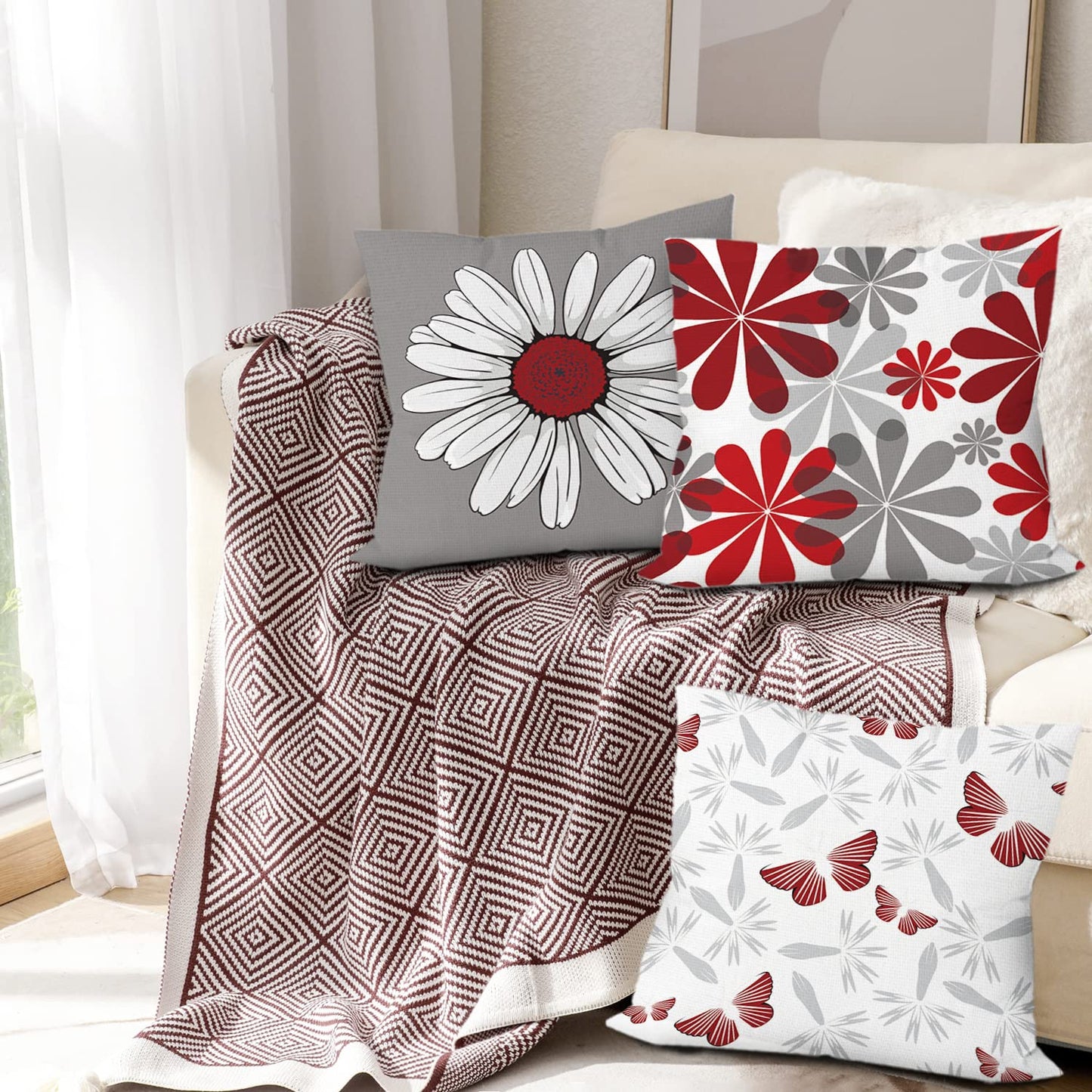 COMMINY Red Grey Pillow Covers 18x18 Set of 6 Decorative Burgundy Daisy Throw Pillow Cover for Couch Modern Farmhouse Cushion Pillow Case for Living Room Patio Home Decor
