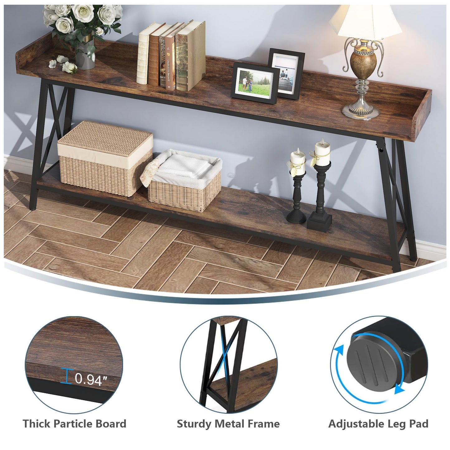 QNICE 70.9-Inch Console Table for Entryway, Farmhouse 2-Tier Entry Entrance Table, Narrow Long Sofa Table Behind Couch for Living Room & Hallway Rustic Brown