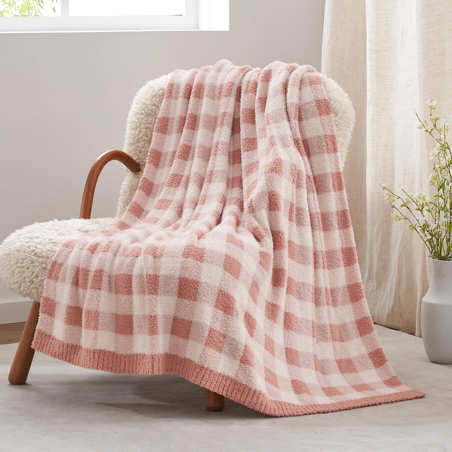 Snuggle Sac Buffalo Plaid Throw Blanket for Couch, Super Soft, Cozy Warm Knit Decorative Blankets, Reversible Plaid Fluffy Throws for Sofa, Bed, Plaid Pink, 50x60 Inches