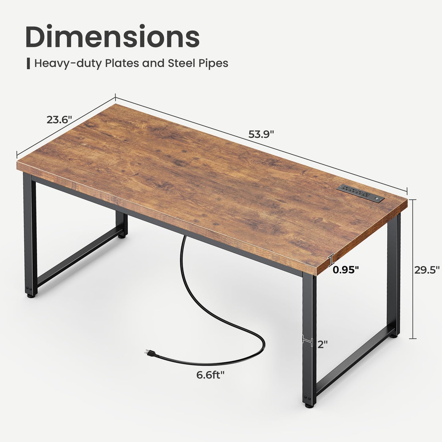 Huuger 55 x 24 inch Desk with Power Outlets & USB-C, Deeper & Thicker Desktop, Robust Metal Tubes, Computer Desk, Heavy Duty Office Desk, Work Gaming Desk for Home Office, Rustic Brown