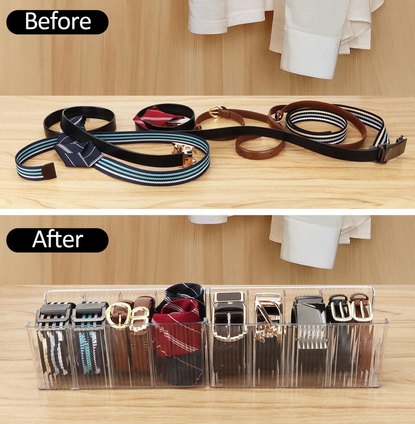 AUOIKK Acrylic Belt Organizer - 2 Pack with Adjustable 4 Compartments & Stackable Design, Clear Storage for Closet and Drawer Organization