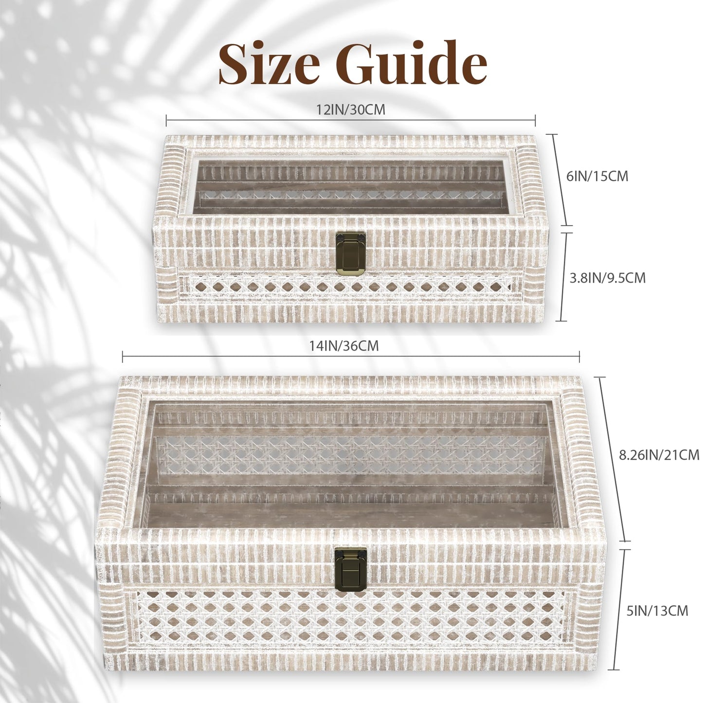 Fllamo Rattan Decorative Box,Boho Display Boxes with Lids,Set of 2 Rectangular Wicker Storage Decoration,Natural Woven Cane Bins for Home Decor for Rustic Farmhouse(White)