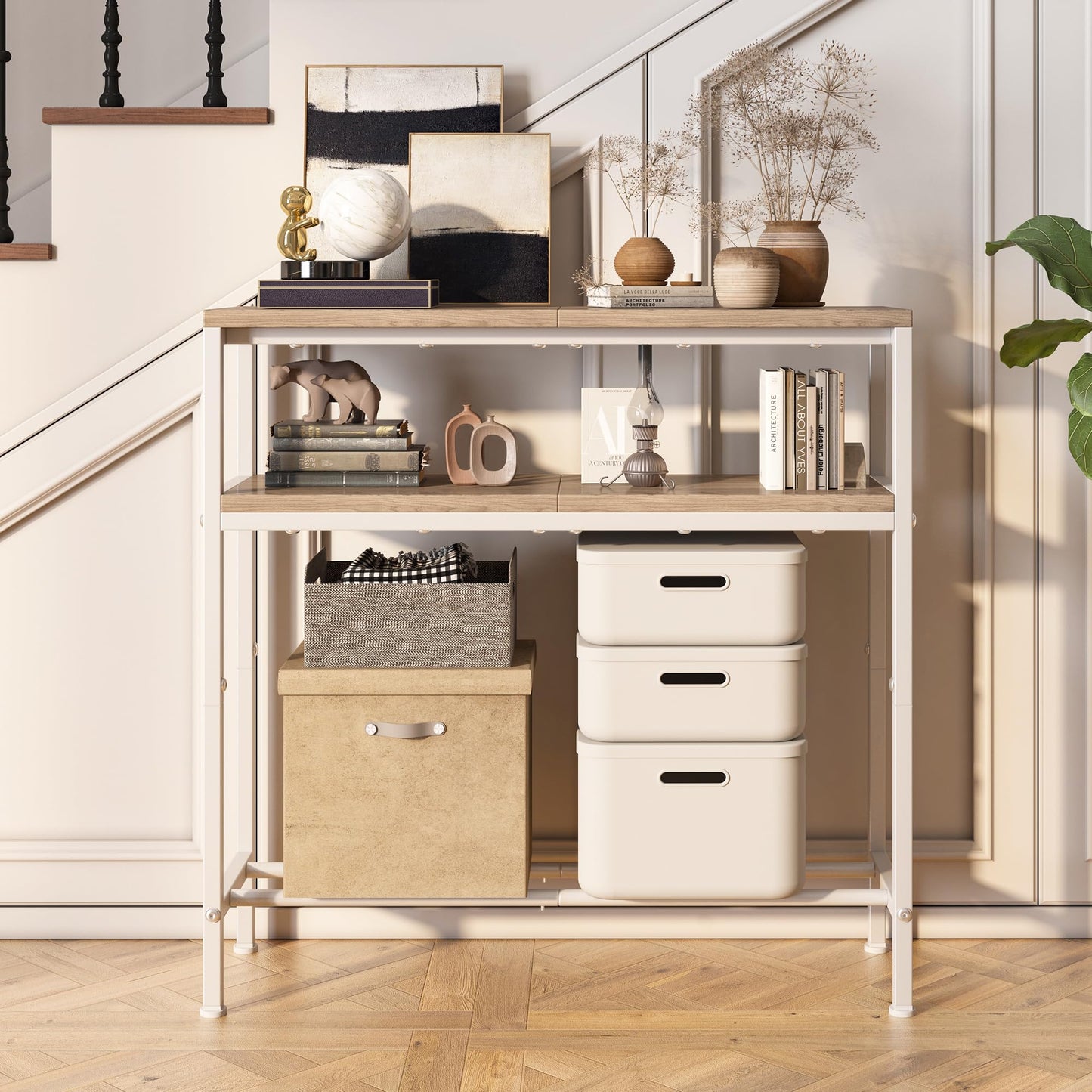 Homeiju Entryway Table with Storage, 3-Tier Console Table 31.5" Width, Industrial Sofa Table with Open Shelves, Foyer Tables for Entryway, Hallway, Kitchen, Living Room and Bedroom, Light Coffee