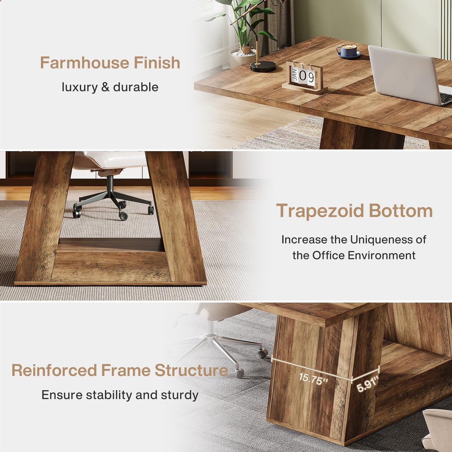 Tribesigns Farmhouse Computer Desk, 63-Inch Large Office Desk Workstation, Simple Style Executive Desk Study Table with Sturdy Base, Wooden Writing Desk for Home Office, Rustic Brown