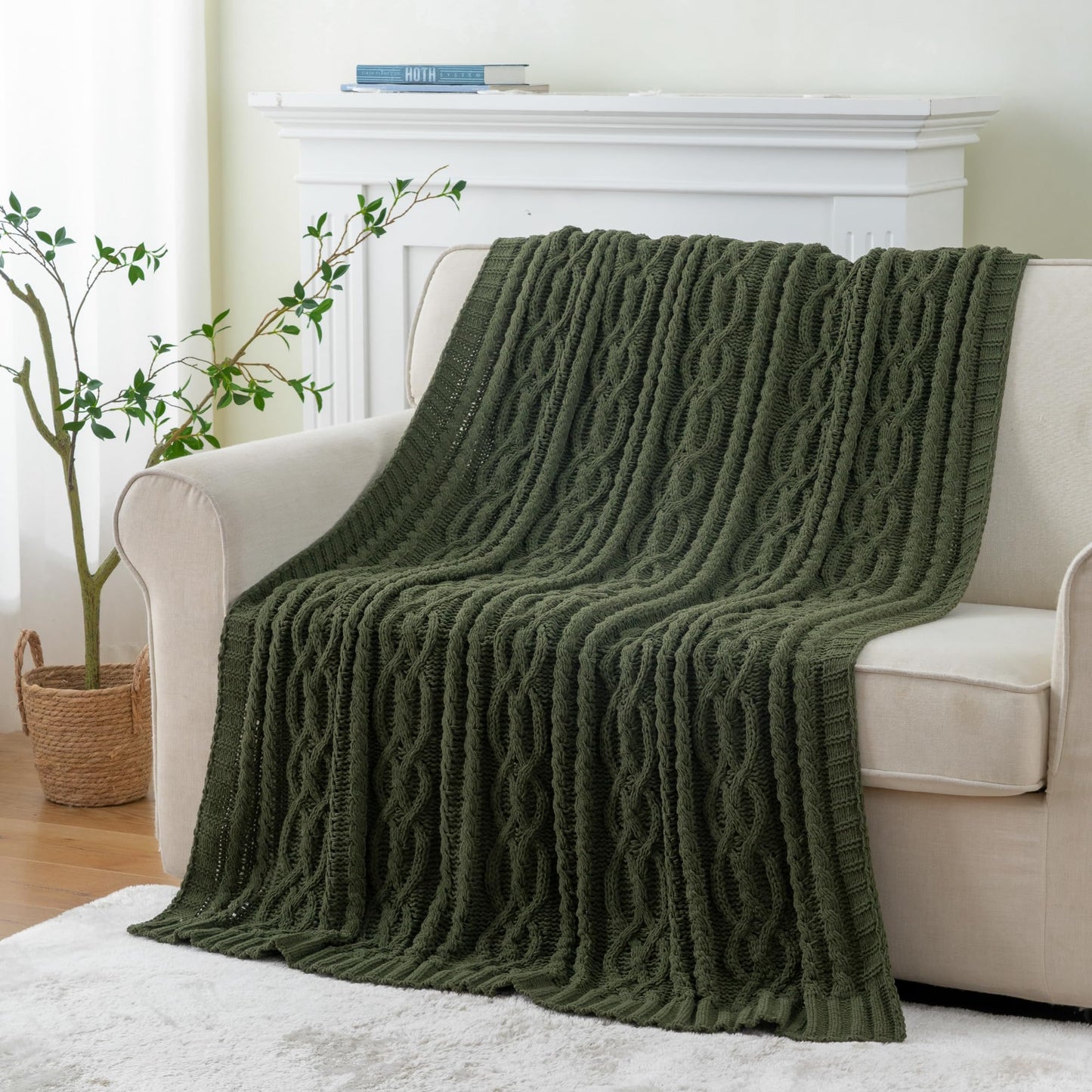 Battilo Olive Green Knit Throw Blanket for Couch, Woven Chenille Throw Blankets for Living Room, Sofa, Soft Chunky Knit Blanket, Decorative Couch Blanket, 51"x67"