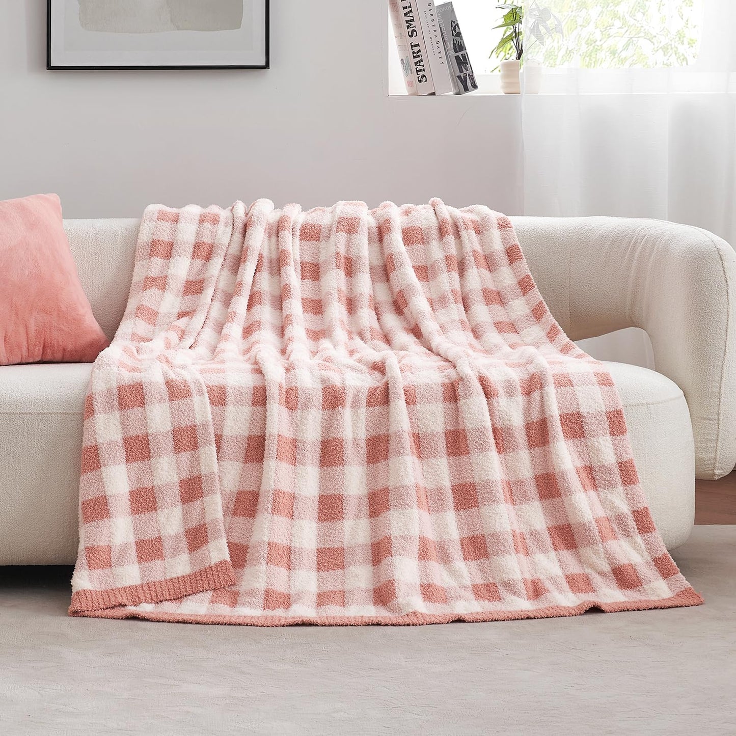 Snuggle Sac Buffalo Plaid Throw Blanket for Couch, Super Soft, Cozy Warm Knit Decorative Blankets, Reversible Plaid Fluffy Throws for Sofa, Bed, Plaid Pink, 50x60 Inches