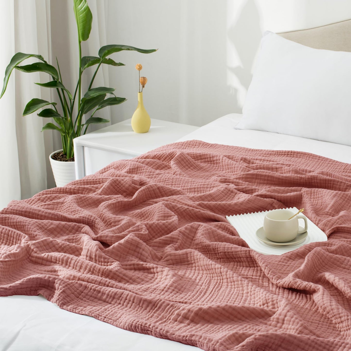 Carriediosa 100% Cotton Muslin Throw Blanket 50" X 70" Throw XL Size，4-Layers Summer Gauze Throws for Bed Couch，Soft Lightweight Breathable Linen Blankets Bedspread for Adults All Season，Mauve