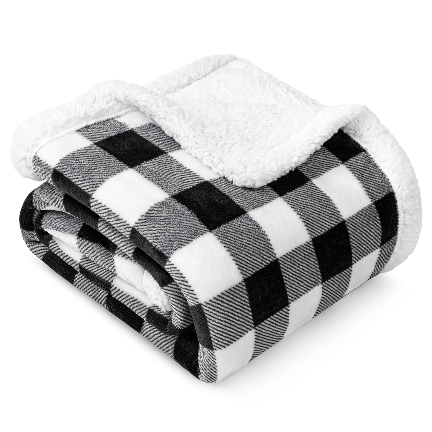 PAVILIA Black and White Buffalo Plaid Sherpa Throw Blanket for Couch, Plush Checkered Fleece Blanket and Throws, Soft Fuzzy Flannel Blanket for Sofa Bed, Warm Cozy Winter Blanket Gift, 50x60