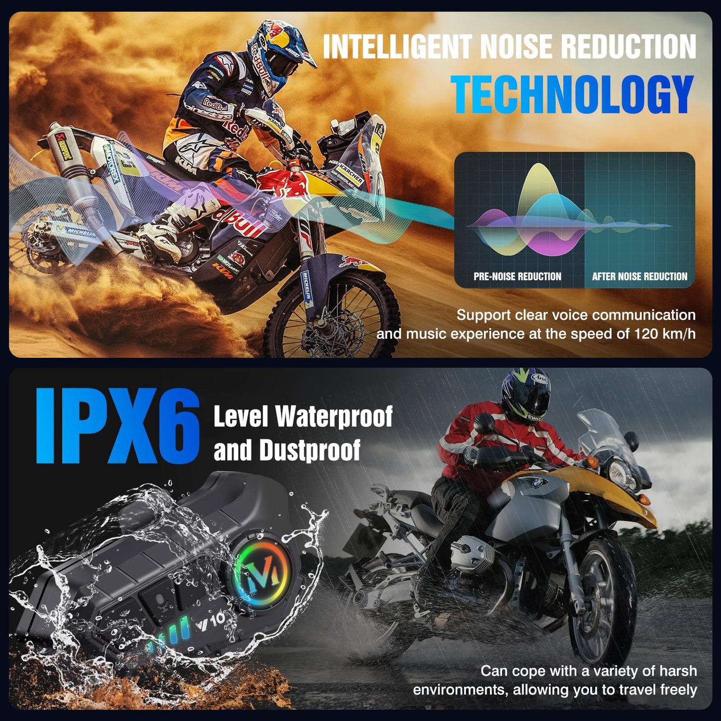FEYA Motorcycle Helmet Speakers High Battery Life Helmet Headphone IPX6 Automatic Answer/Call Music Control/Intelligent Noise/Wake up Siri, 2 Different Types of Mic - Compatible with All Helmets