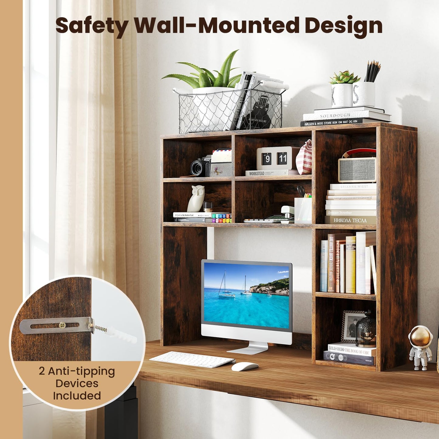 Giantex Desktop Bookshelf, Desk Hutch Dorm w/ 7 Cubes & 3 Adjustable Shelves, Desk Shelf for Up to 27" Computer Monitors, Wooden Desktop Storage Organizer for Dorm College Office Home, Rustic Brown