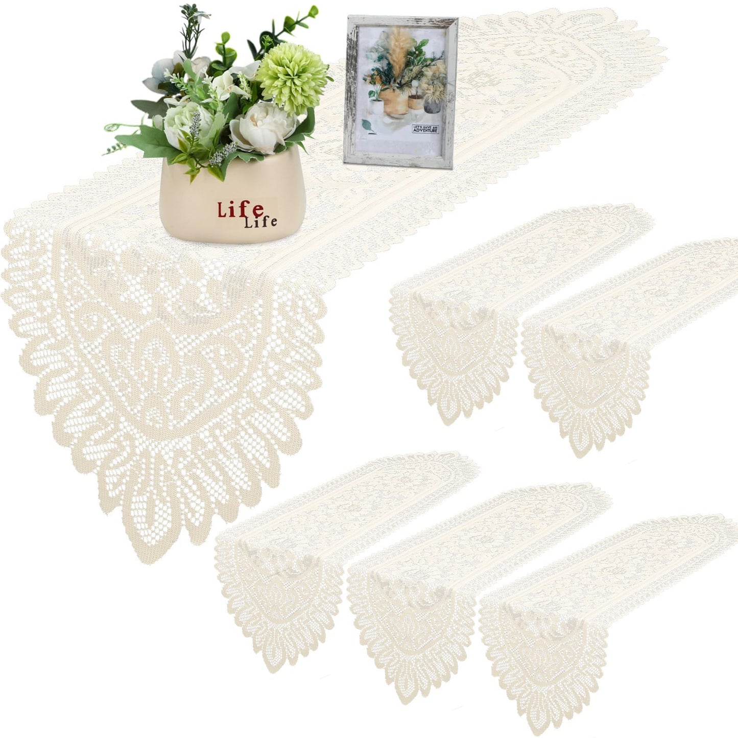 Windkream 6 Pack Crochet Lace Table Runner Lace Doilies for Furniture Tables Cotton Rustic Dresser Scarf Doilies for Wedding Party Home Dining Runner Decorations (Beige,13" X 45")