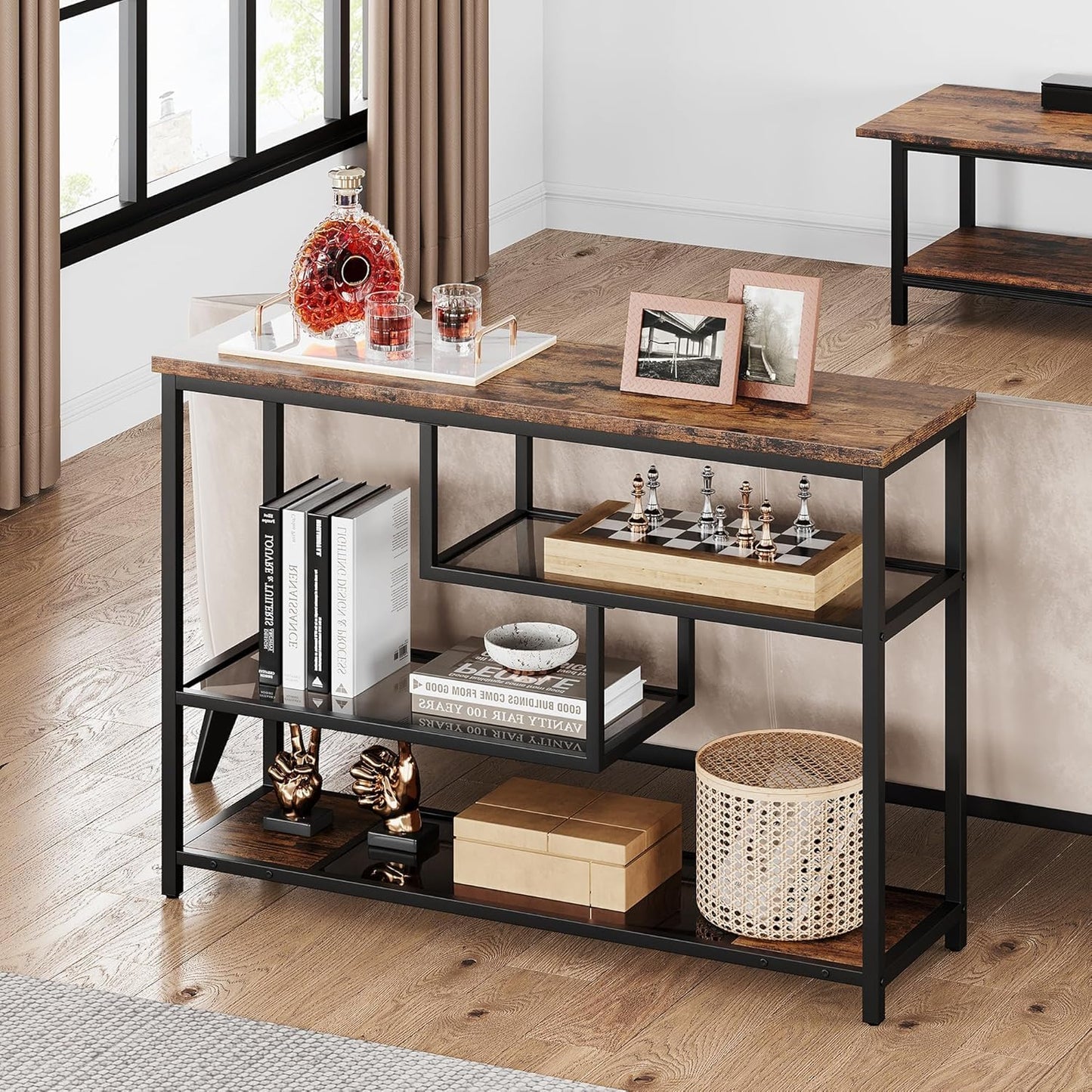 IDEALHOUSE 39.4" Console Table 4-Tier Narrow Entryway Table with Glass Storage Shelf and Metal Frame for Hallway, Living Room, Foyer, Bedroom, Corner Tables, Small Space Furniture, Rustic Brown