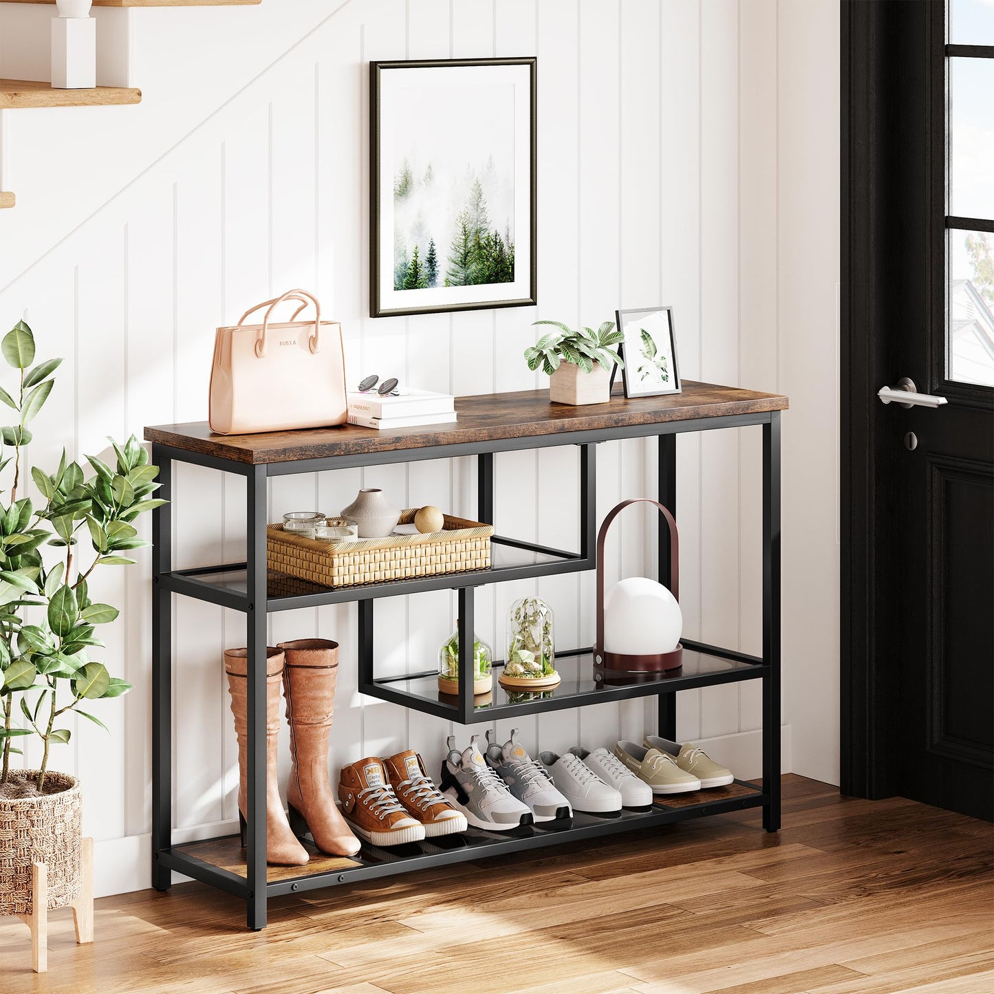 IDEALHOUSE 39.4" Console Table 4-Tier Narrow Entryway Table with Glass Storage Shelf and Metal Frame for Hallway, Living Room, Foyer, Bedroom, Corner Tables, Small Space Furniture, Rustic Brown