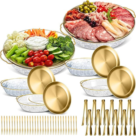 Baderke 6 Sets 11.8" Chilled Serving Tray for Parties Round Iced Platter with Ice Underneath Stainless Steel Clip Fruit Fork Shrimp Cocktail Serving Dish for Oysters Crawfish Fruits (Gold)
