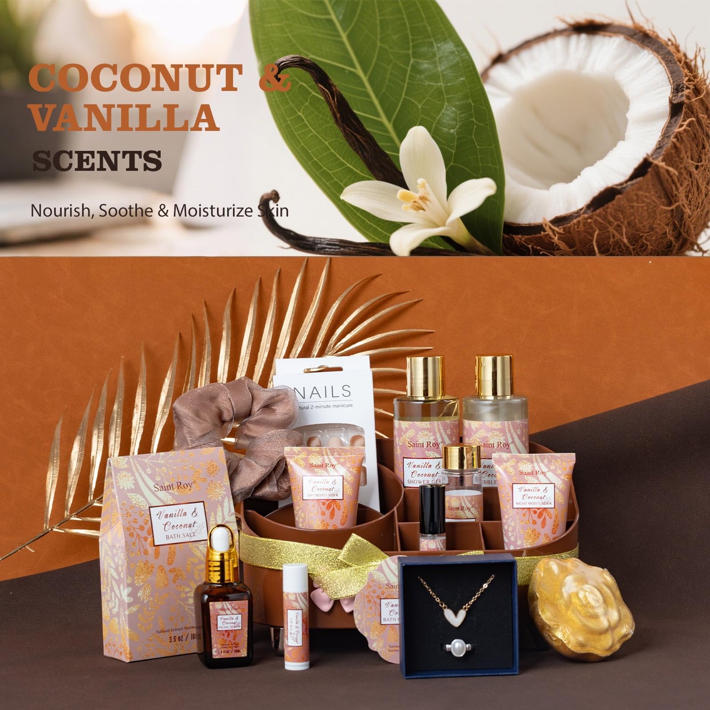 Luxury Gifts for Women, 16 Pcs Spa Gifts for Women of Coconut & Vanilla Scents Skin Care Kit, Facial Kit with Face Day Cream, Night Cream, Skincare Set, Skin Care Set Wrap in Makeup Storage Box