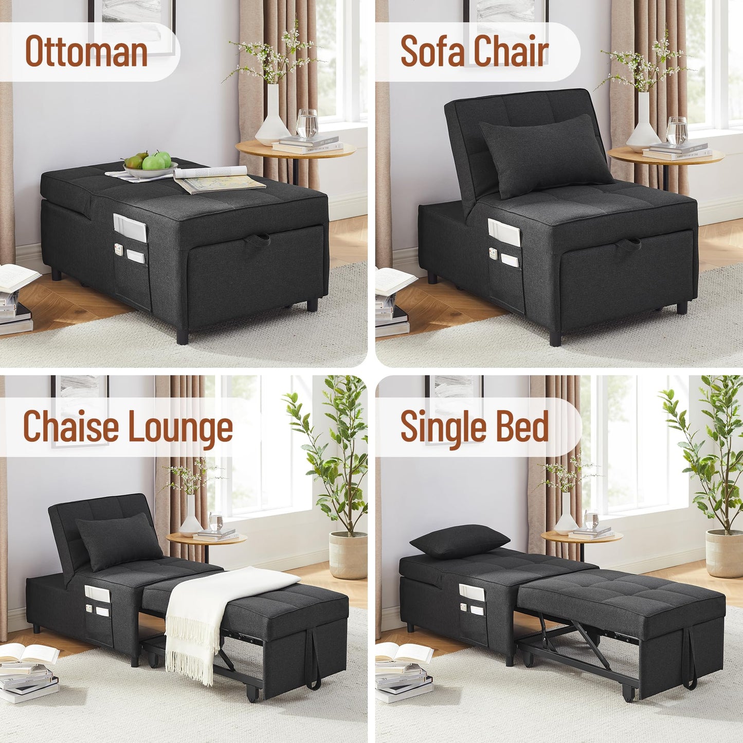 LegacyAmerhome Sleeper Chair, 4-in-1 Multi-Functional Sofa Bed Chair, Single Recliner with Pillow Side Pockets and 5 Levels of Adjustable Backrest, for Living Room Bedroom (Dark Gray)