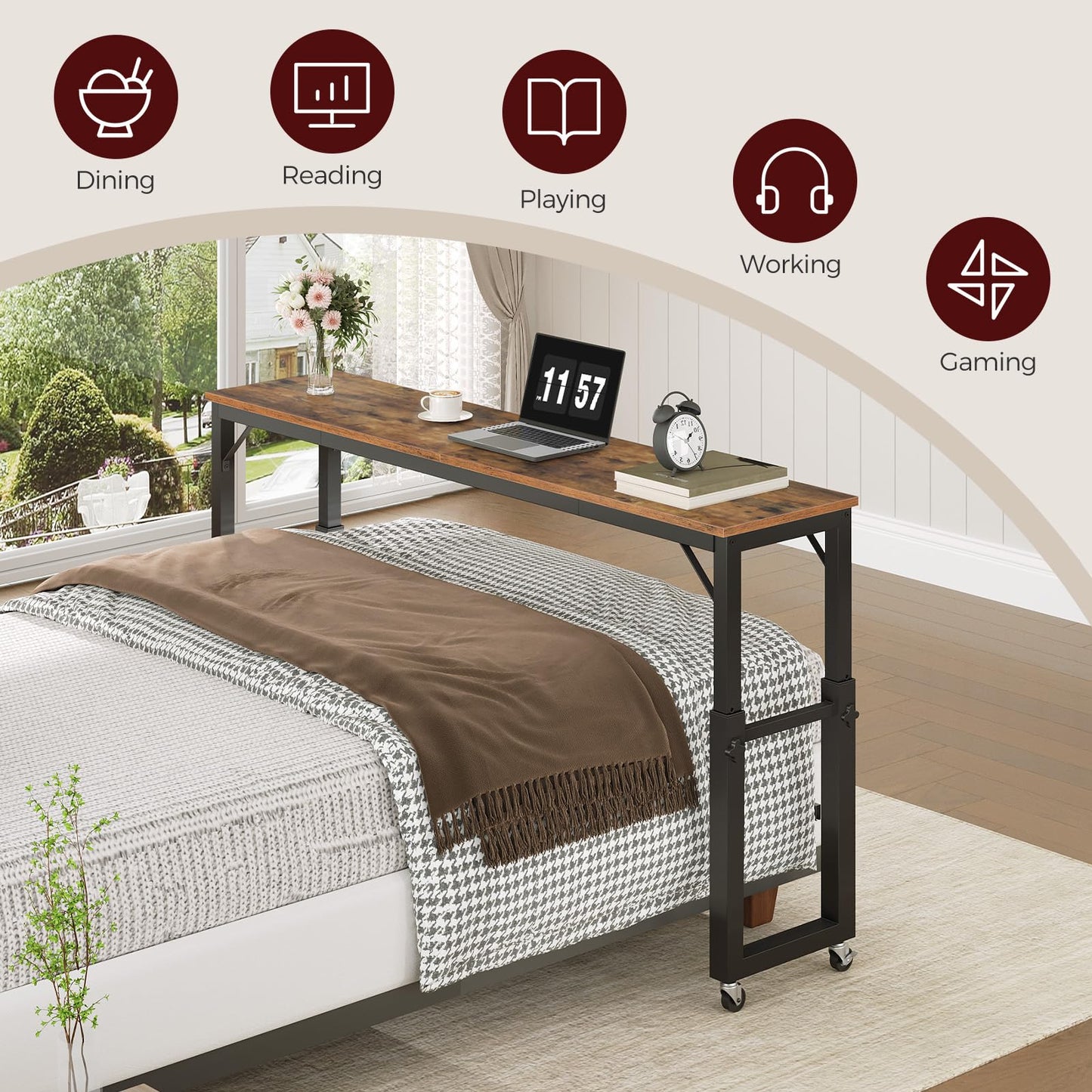 MAHANCRIS Overbed Table with Wheels, Queen Size Mobile Bed Desk with Adjustable Height, Rolling Table, Dining Table, Computer Desk, for Bedroom, Living Room, Office, Rustic Brown MTHR18001