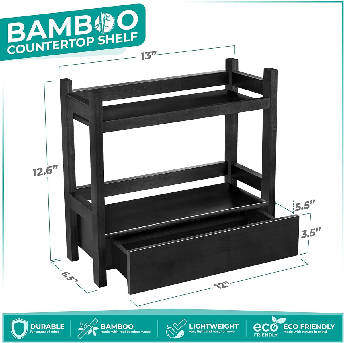 Sorbus Bamboo Bathroom Counter Organizer – 2-Tier Shelf with Hidden Drawer for Vanity, Matcha Station, Bathroom Sink Organizer Countertop, Kitchen & Office Storage (13″ L x 6.5″ W x 12.6″ H) (Black)