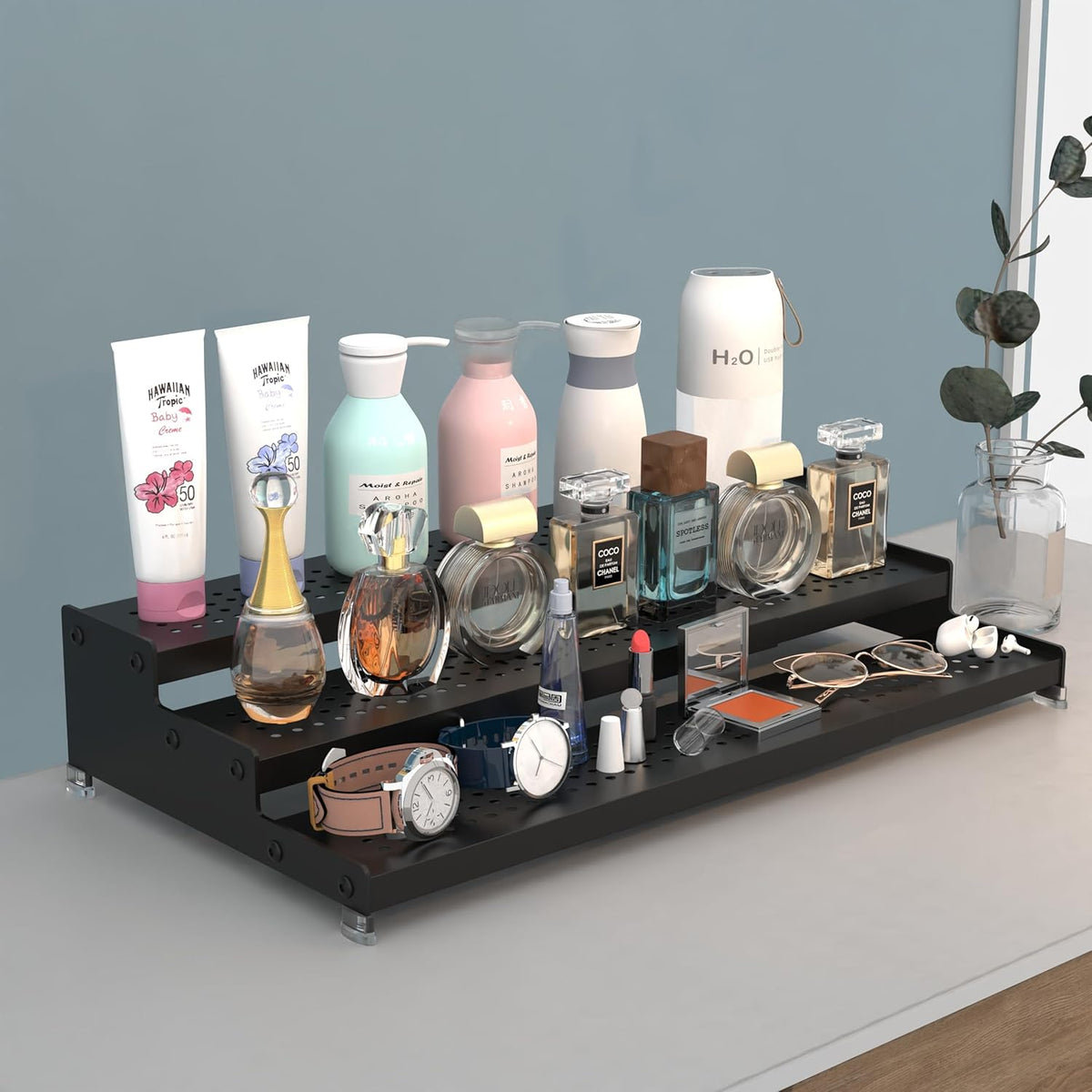 Expandable Spice Rack organizer with 3-Tier step shelf,Modern Design heavy duty,Non Skid and Visibility ,Great for Kitchen Cabinet,Bathroom,dressing table,Cupboard, Pantry and more(2PACKS/BLACK)
