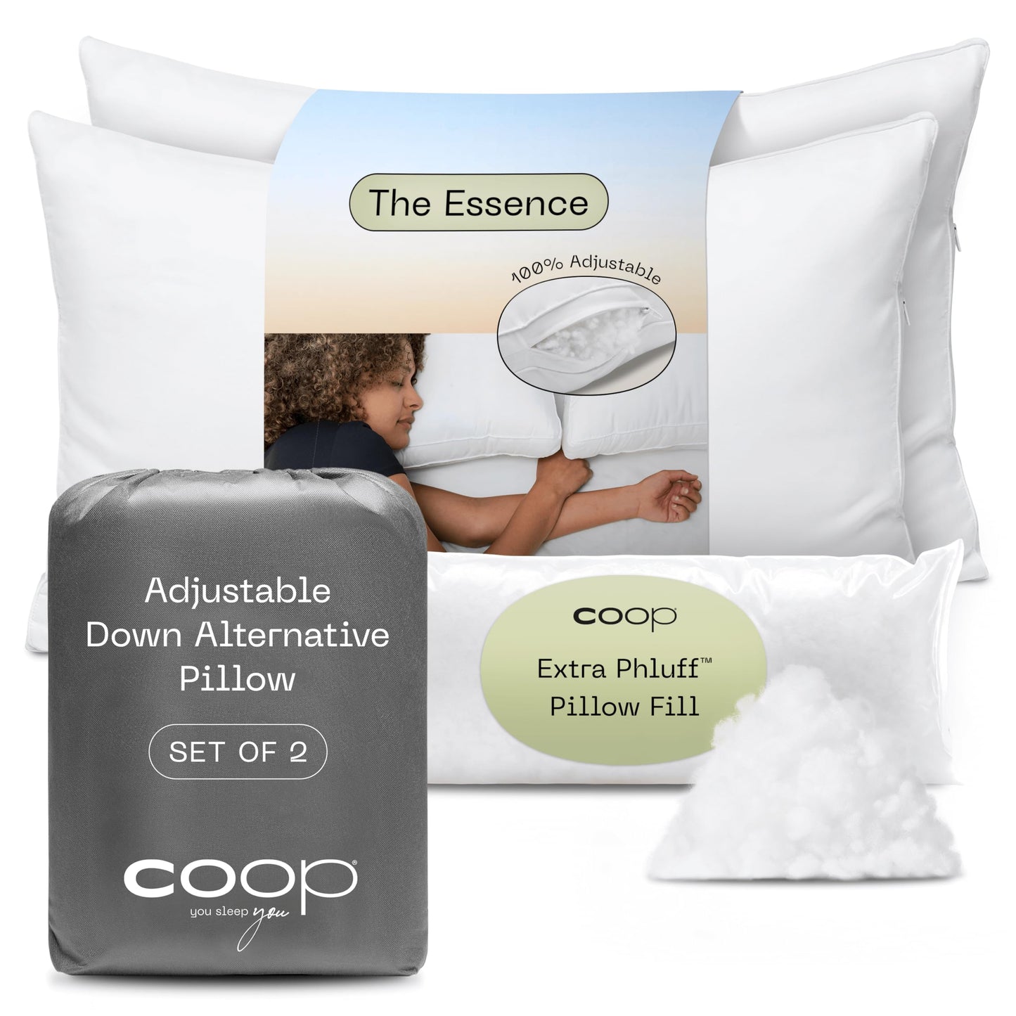 Coop Home Goods Essence Down Alternative Pillow Set of 2, Queen Size, Best Pillows for Sleeping, Adjustable Alternative to Down Pillows, Luxury Hotel Pillow for Back, Stomach or Side Sleepers