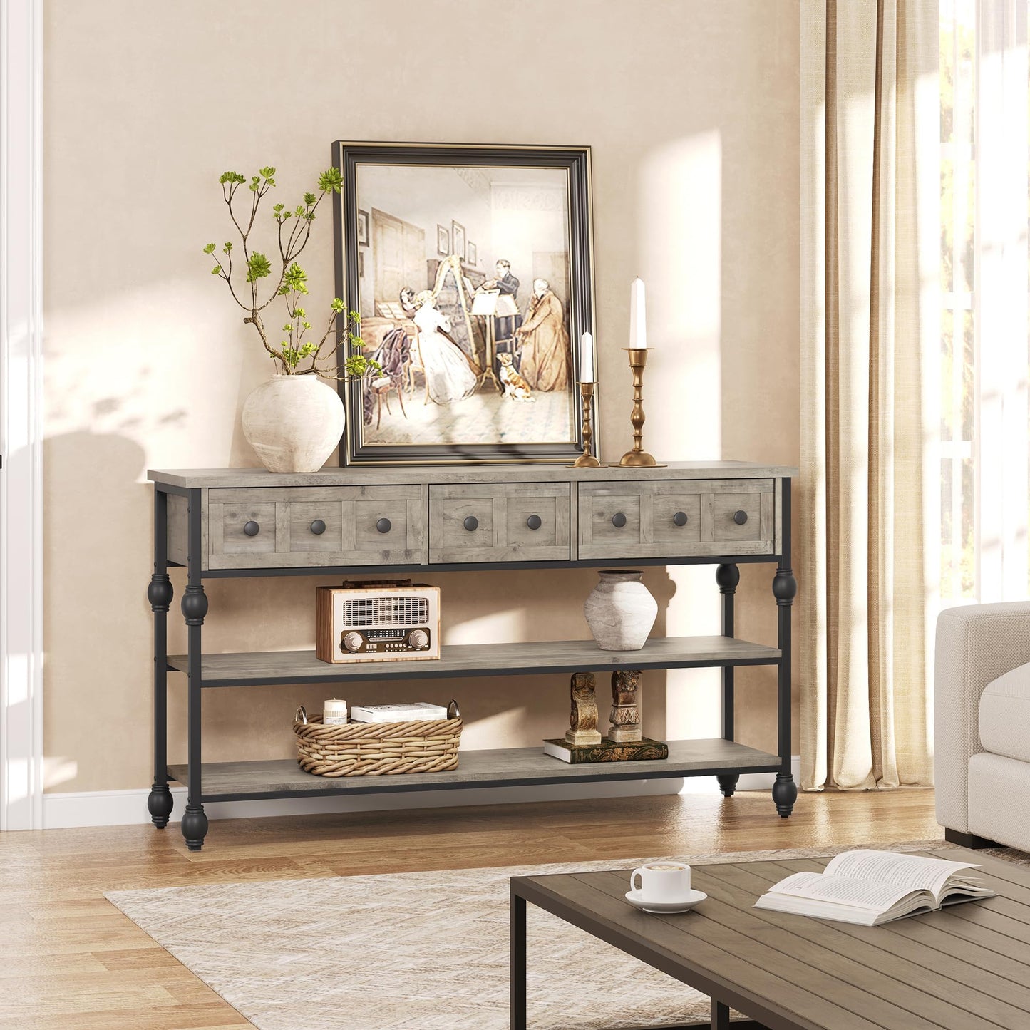 Garvee Console Sofa Table 53", Entryway Table with 3 Drawers, 3 Tier Metal Sofa Table, Open Shelf Behind Couch Table for Hallway, Living Room, Roman Column Design, Grey