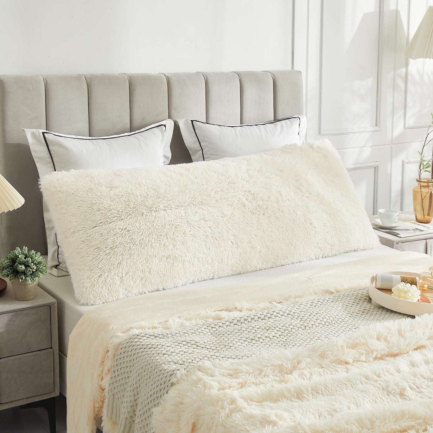 LIFEREVO Off White Body Pillow Cover,Luxury Shaggy Ultra Soft Plush Faux Fur Pillowcase 20"x54" for Bed Couch,Microfiber Long Pillowshams for Pregnant Women/Mother/Wife(Light Beige)