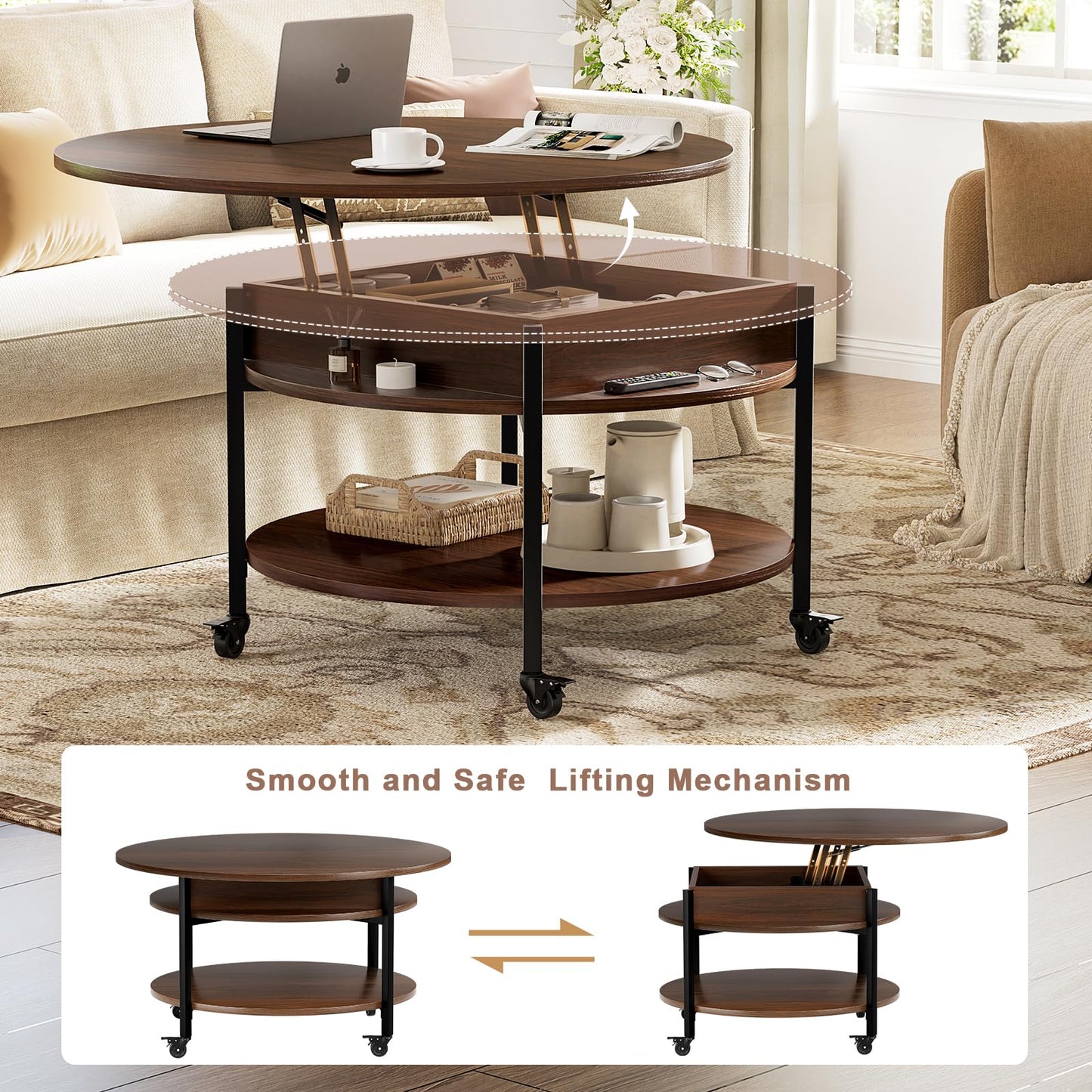 FABATO Round Lift Top Coffee Table With Wheels, 26.77'' Rolling Center Table With Storage and Compartment for Living Room, 2 Tier Small Circle Dining Table, Espresso
