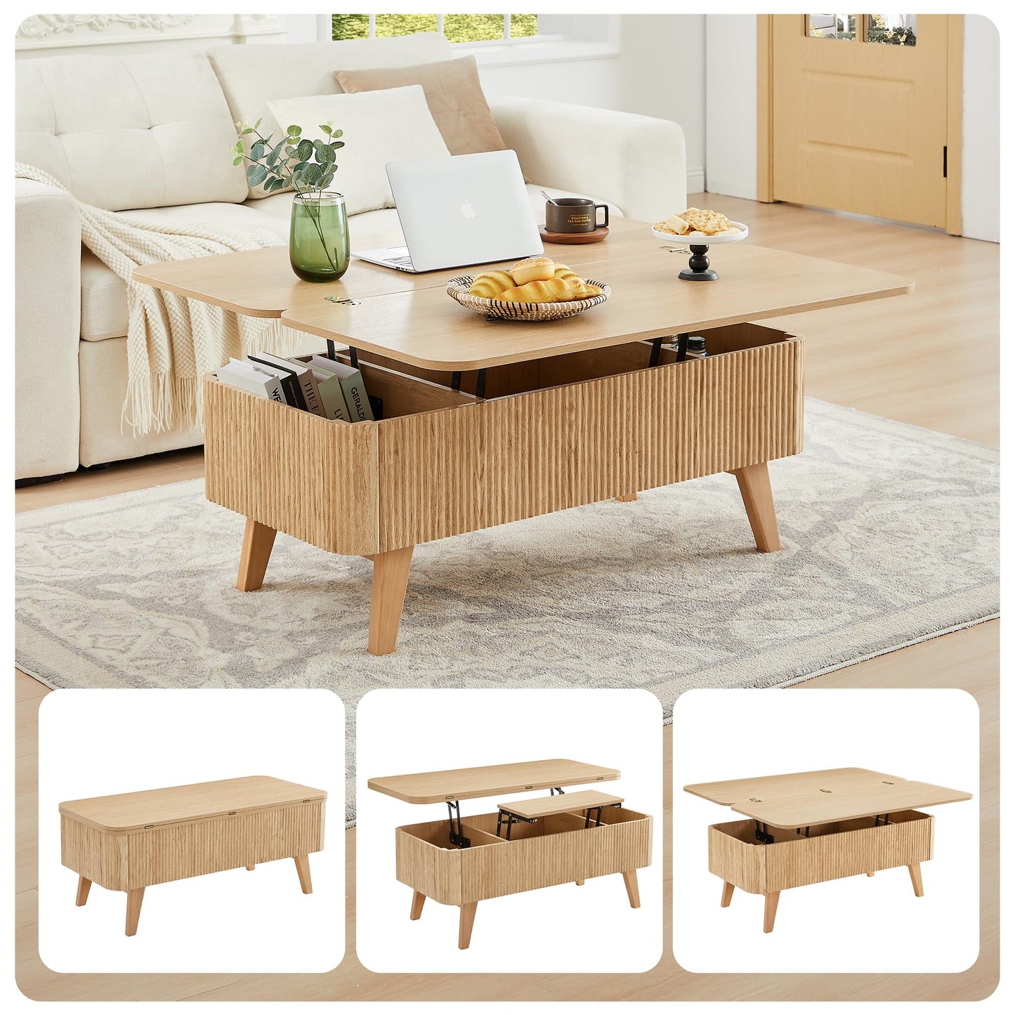 3 in 1 Lift Top Coffee Table, Fluted Convertible Coffee Tables Converts to Dining Tables, Modern Oval Wooden Center Table with Storage for Living Room Office Small Space, Partial Assembly (Natural)