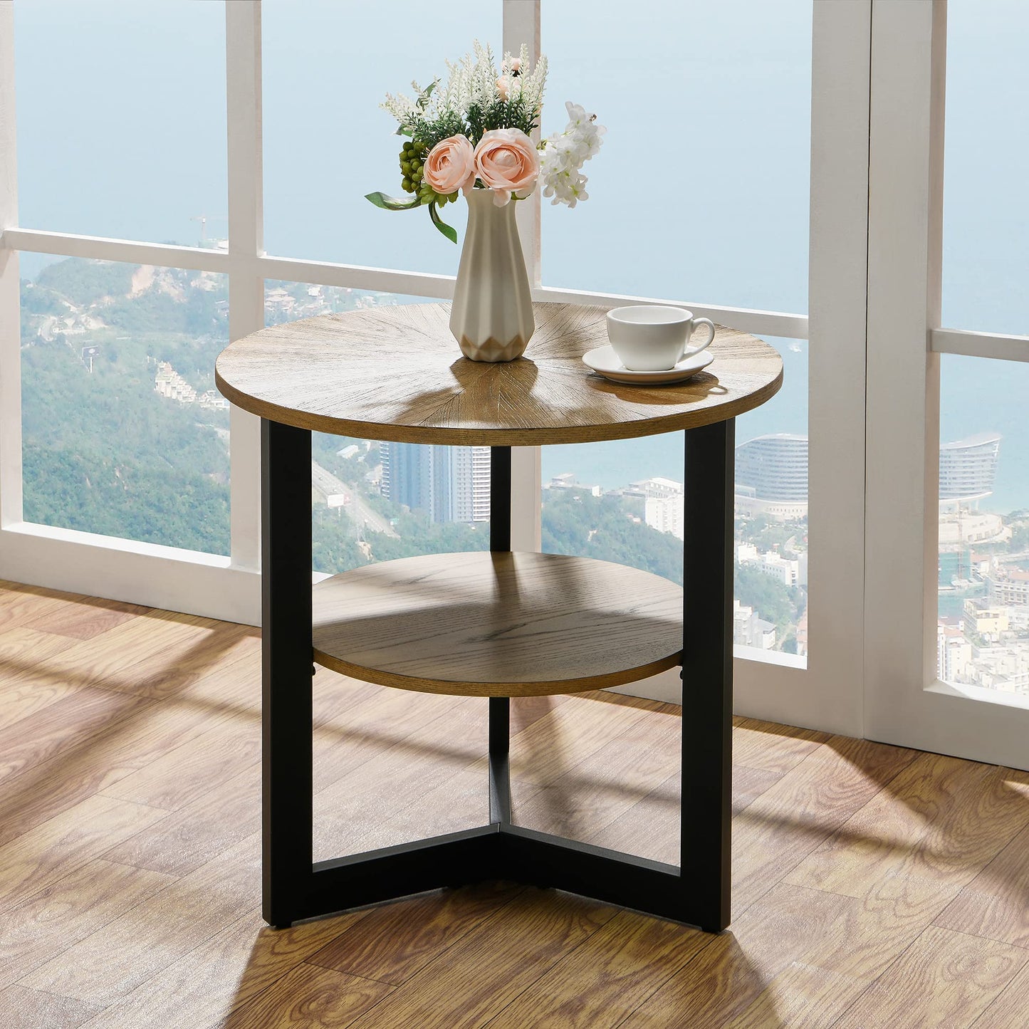 LEEMTORIG Round End Table with Storage, Farmhouse Circle Side Table for Living Room, Solid Wood 2-Tier Nightstand, Natural Wood Tabletop & Black Metal Frame, 25.2" D x 24" H, CJZ-1338